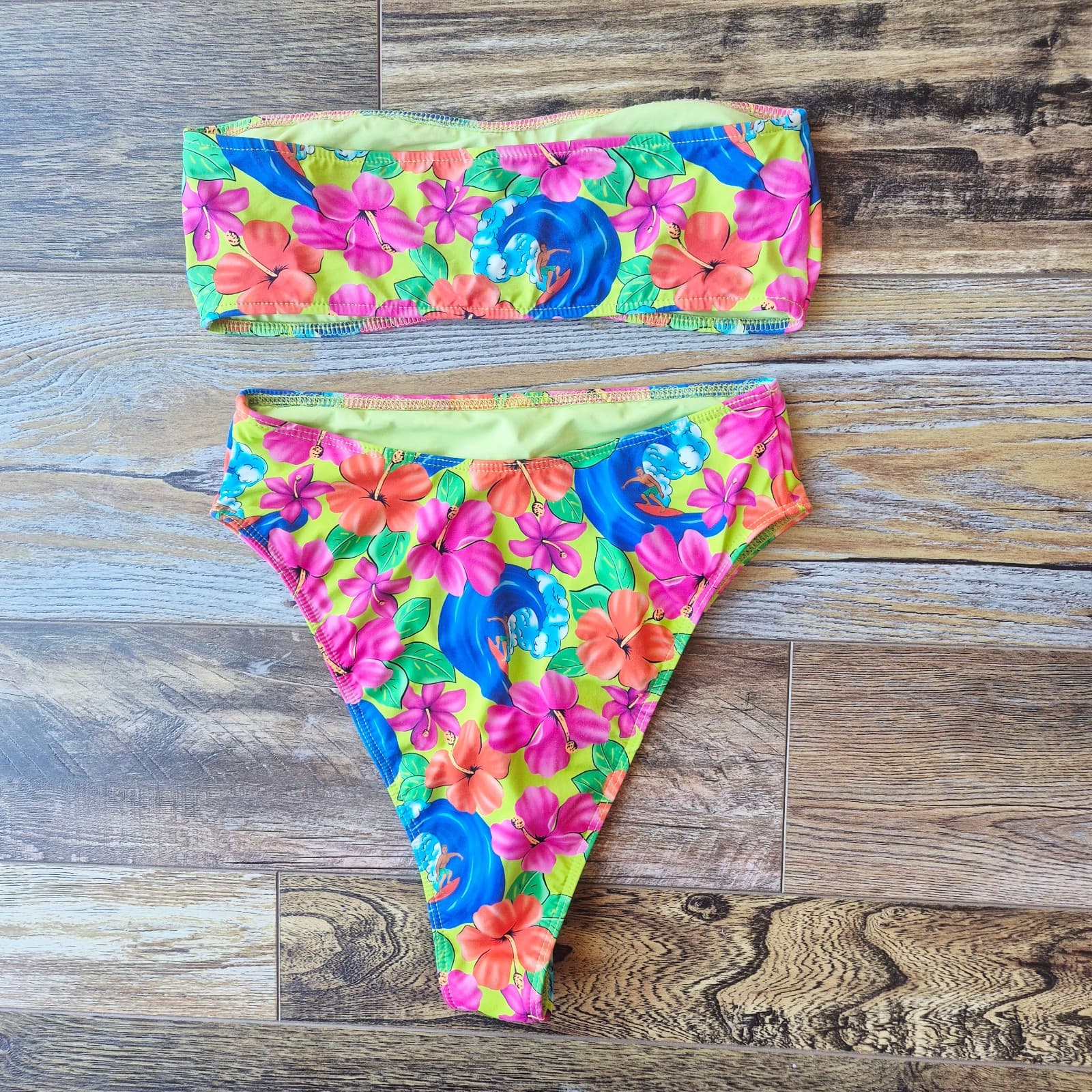 Frankie's Bikinis 2 Piece Bikini Floral Neon Surfer Bandeau High-Waist Bottom M - Thumbnail 10