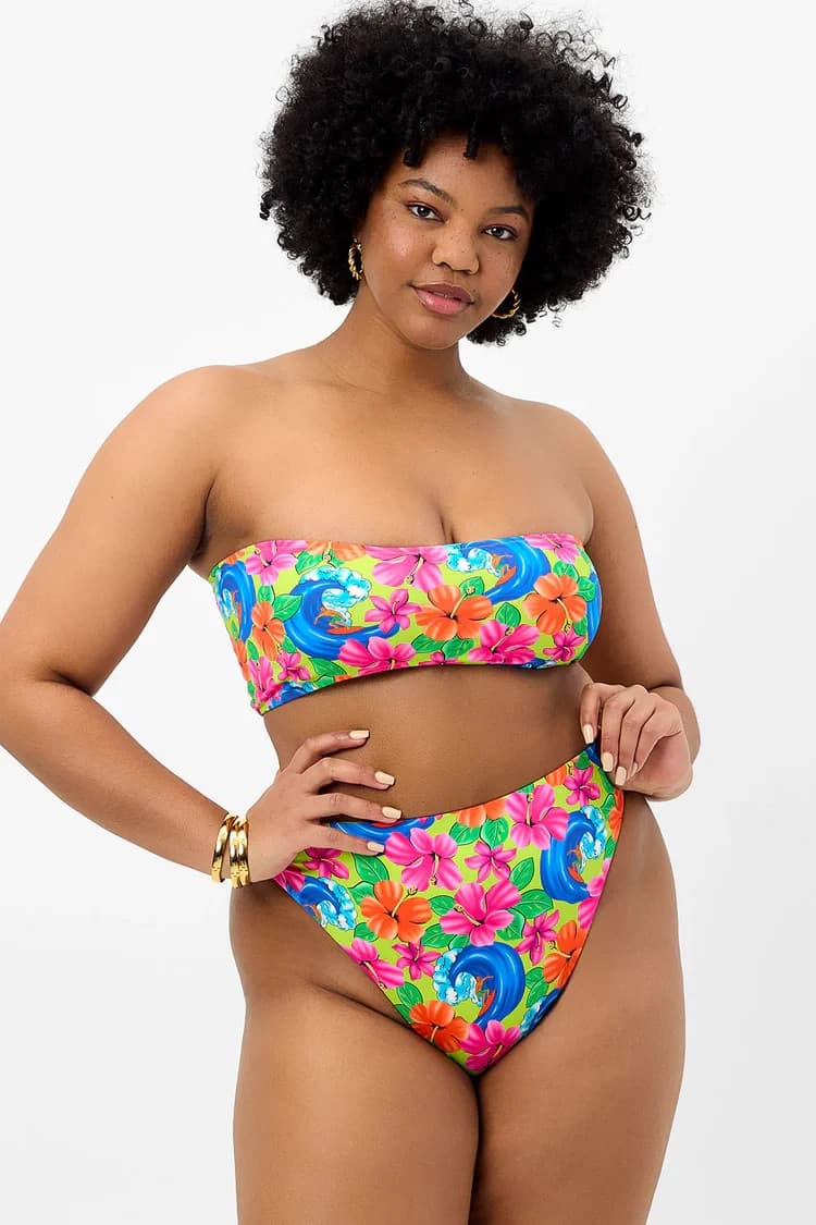 Frankie's Bikinis 2 Piece Bikini Floral Neon Surfer Bandeau High-Waist Bottom M - Thumbnail 11