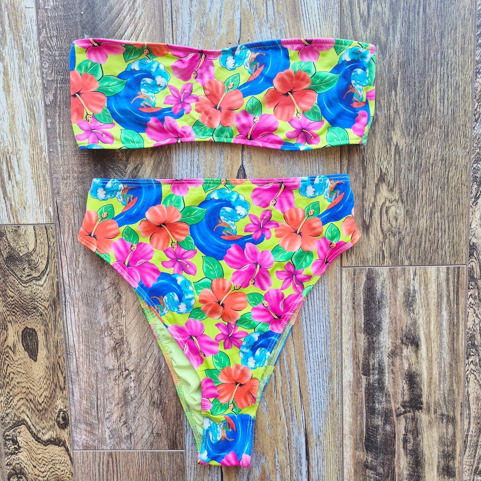 Frankie's Bikinis 2 Piece Bikini Floral Neon Surfer Bandeau High-Waist Bottom M - Thumbnail 5