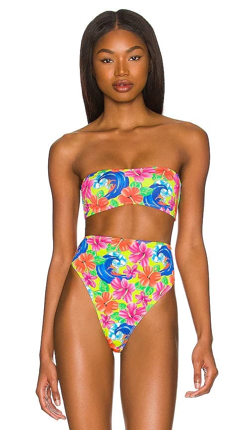 Frankie's Bikinis 2 Piece Bikini Floral Neon Surfer Bandeau High-Waist Bottom M - Thumbnail 9