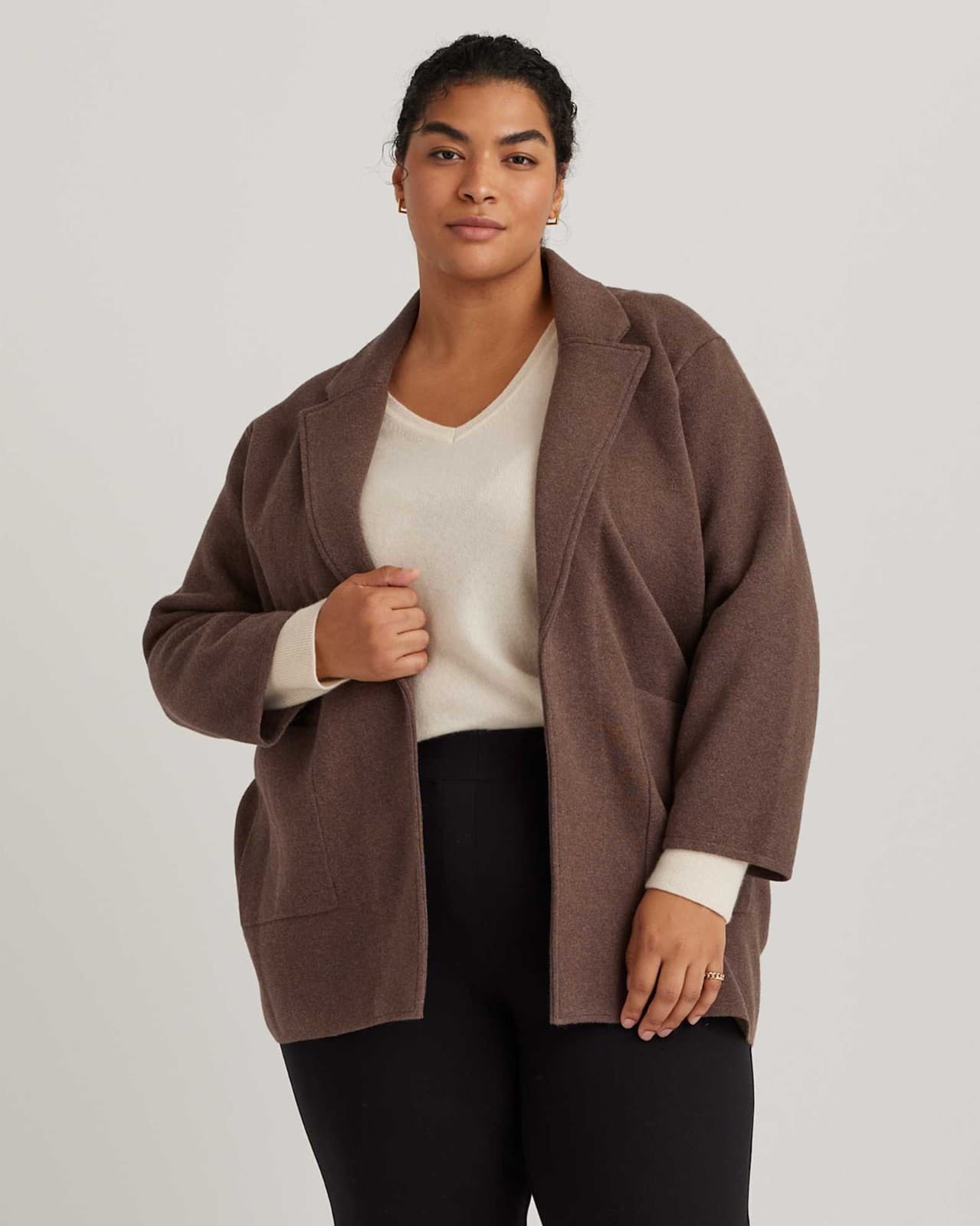 Quince 100% Organic Cotton Knit Blazer Open-Front Pocket Heather Brown Women's M - Thumbnail 2