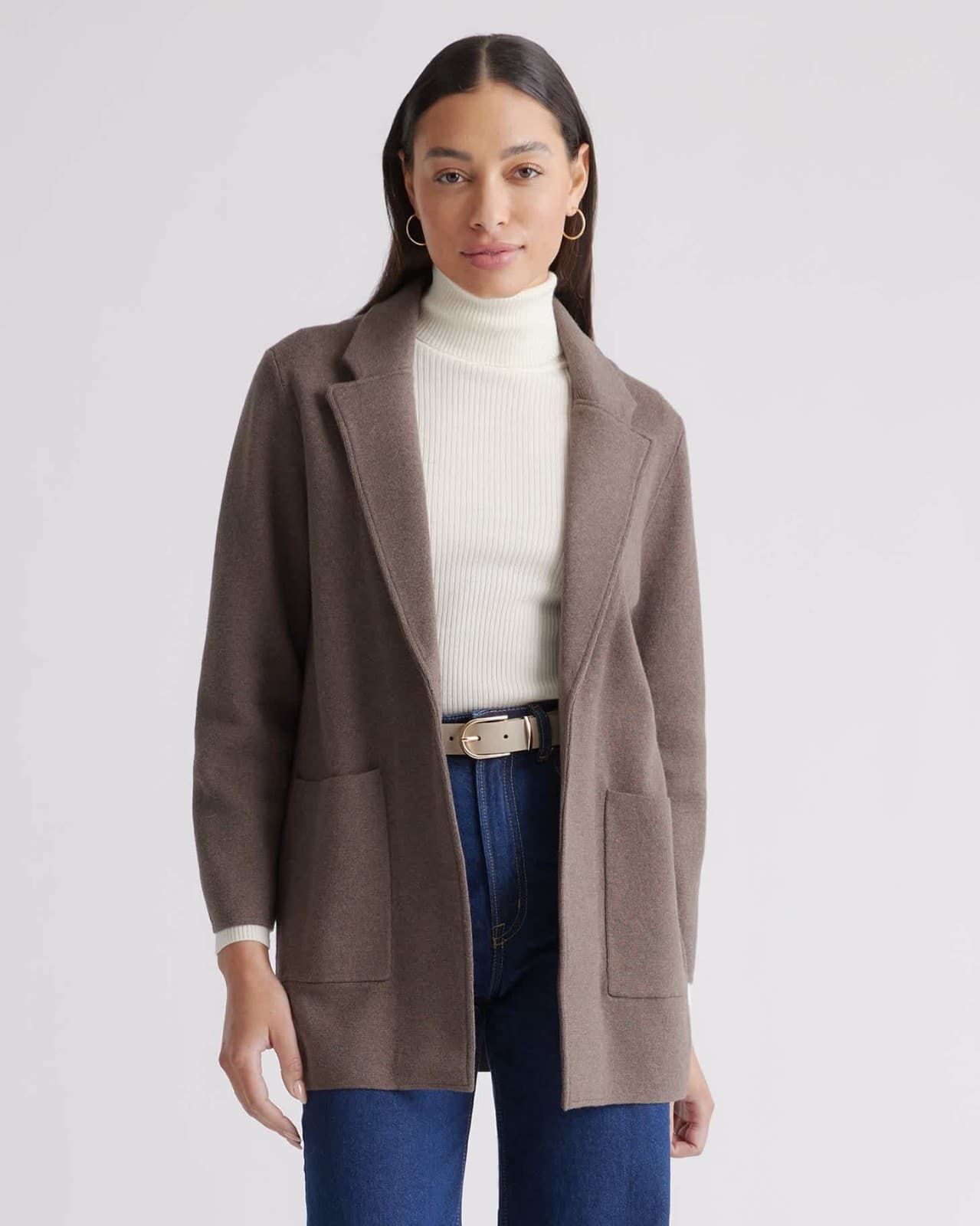 Quince 100% Organic Cotton Knit Blazer Open-Front Pocket Heather Brown Women's M - Thumbnail 4