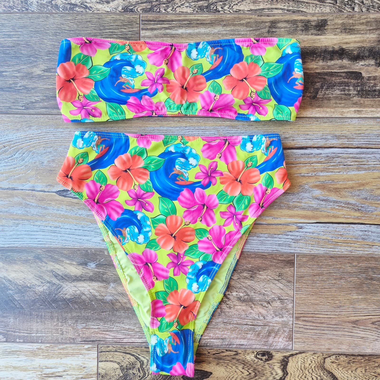 Frankie's Bikinis 2 Piece Bikini Floral Neon Surfer Bandeau High-Waist Bottom M - Thumbnail 8