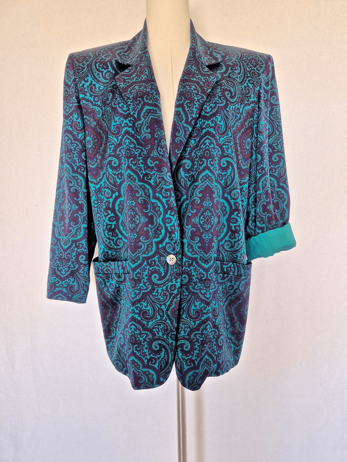 Vintage Linda Allard Ellen Tracy Silk Paisley Tailored Relax Blazer Green Size 4 - Thumbnail 2