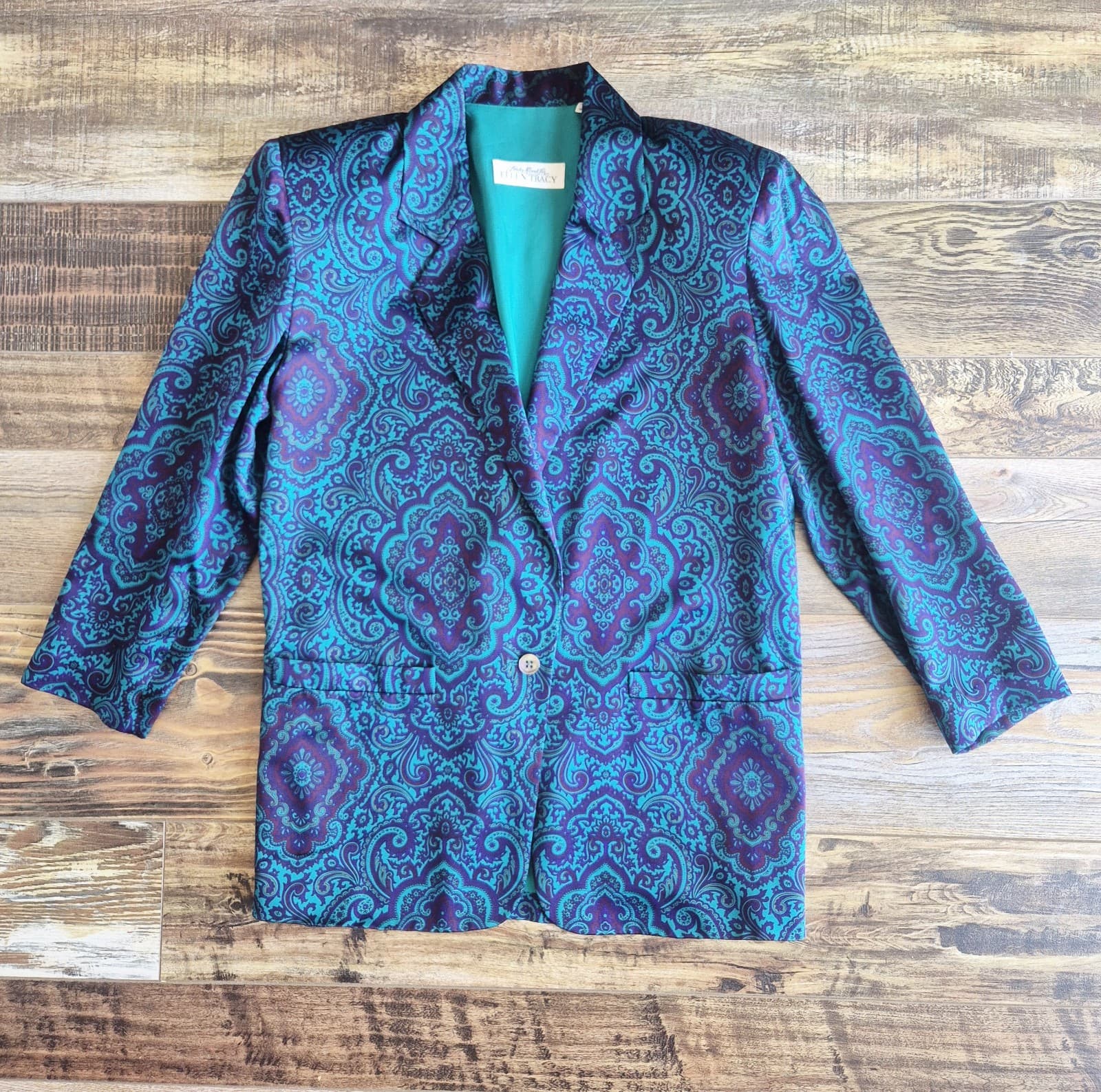 Vintage Linda Allard Ellen Tracy Silk Paisley Tailored Relax Blazer Green Size 4 - Thumbnail 4