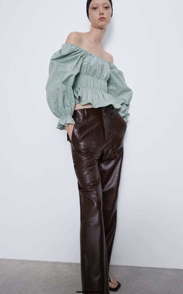 ZARA Strenchy Ruched Puff Sleeve Cropped Top Square Neck-Off Shoulder Green Sz.L - Thumbnail 3