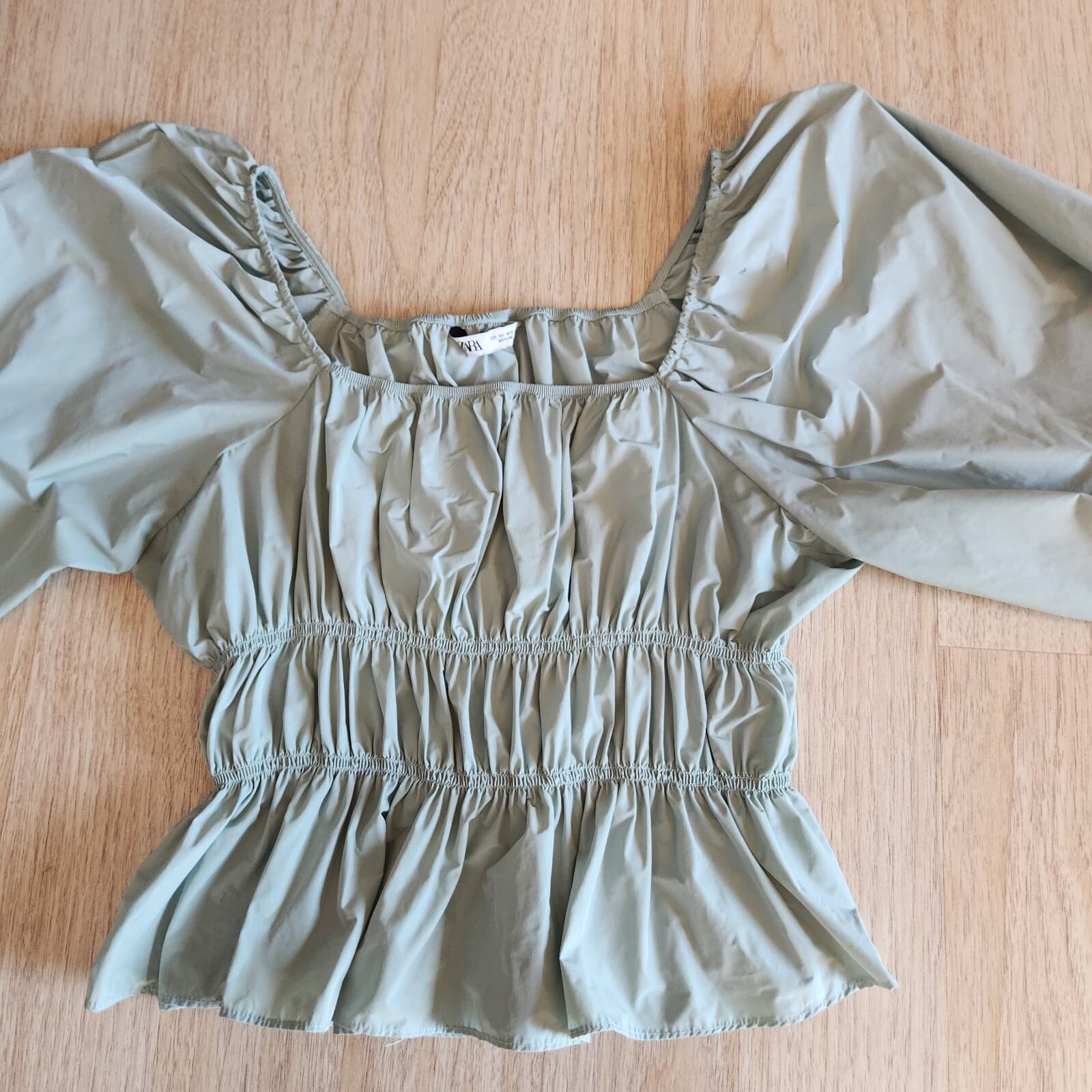 ZARA Strenchy Ruched Puff Sleeve Cropped Top Square Neck-Off Shoulder Green Sz.L - Thumbnail 11