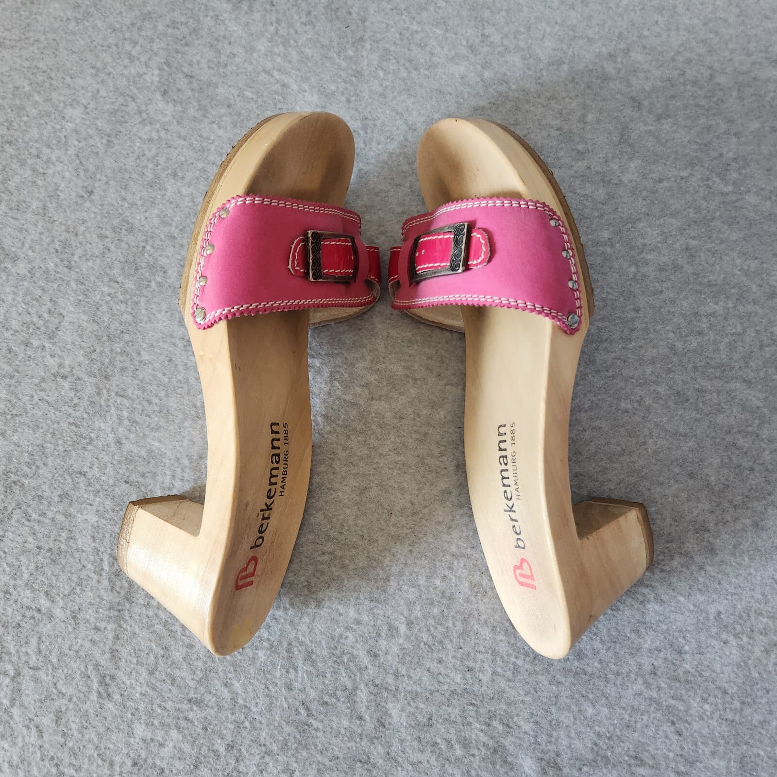 Berkemann Hamburg Germany Wooden Leather Sandals 2.5" Heel Buckle Pink UK6 US8 - Thumbnail 6