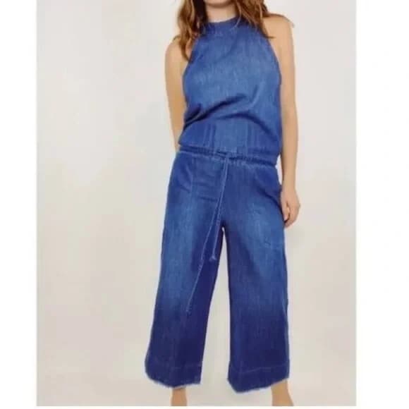 Cloth & Stone Bella Dahl Denim Wide Leg Jumpsuit Pocket Raw Hem Halter Neck Sz.M - Thumbnail 3