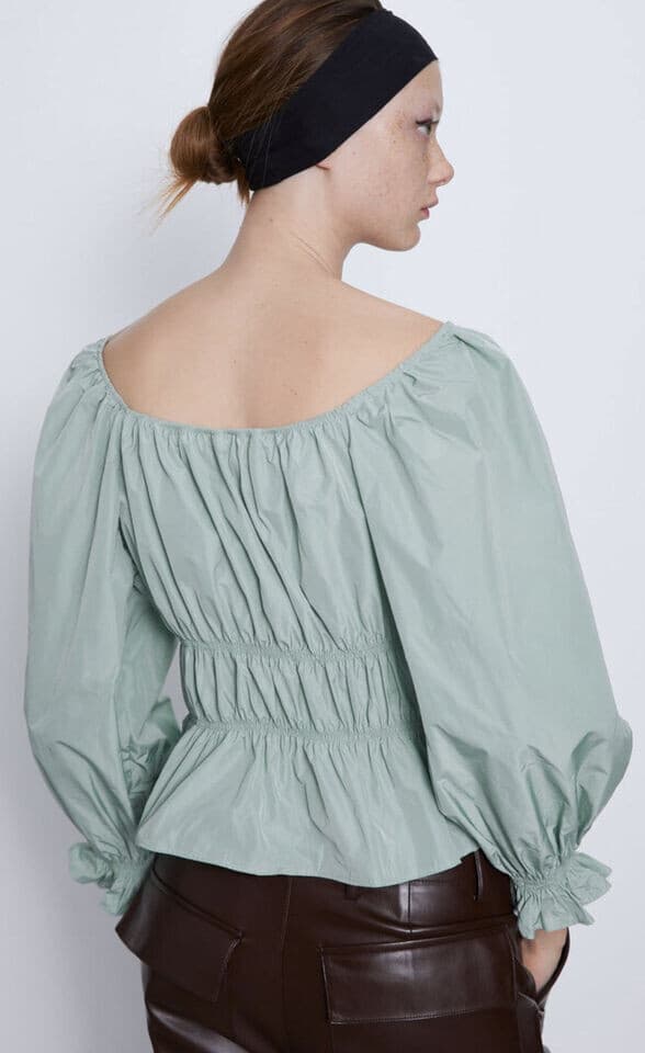 ZARA Strenchy Ruched Puff Sleeve Cropped Top Square Neck-Off Shoulder Green Sz.L - Thumbnail 5
