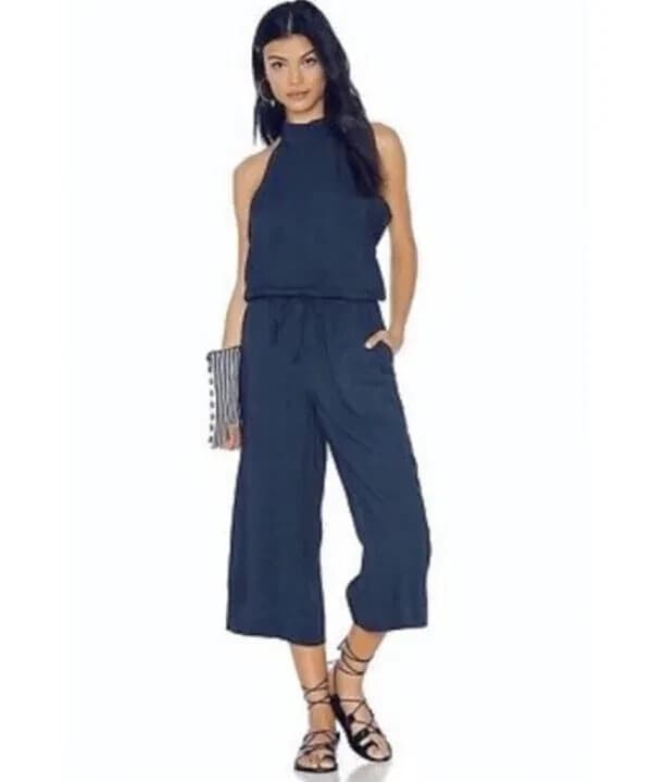 Cloth & Stone Bella Dahl Denim Wide Leg Jumpsuit Pocket Raw Hem Halter Neck Sz.M - Thumbnail 4