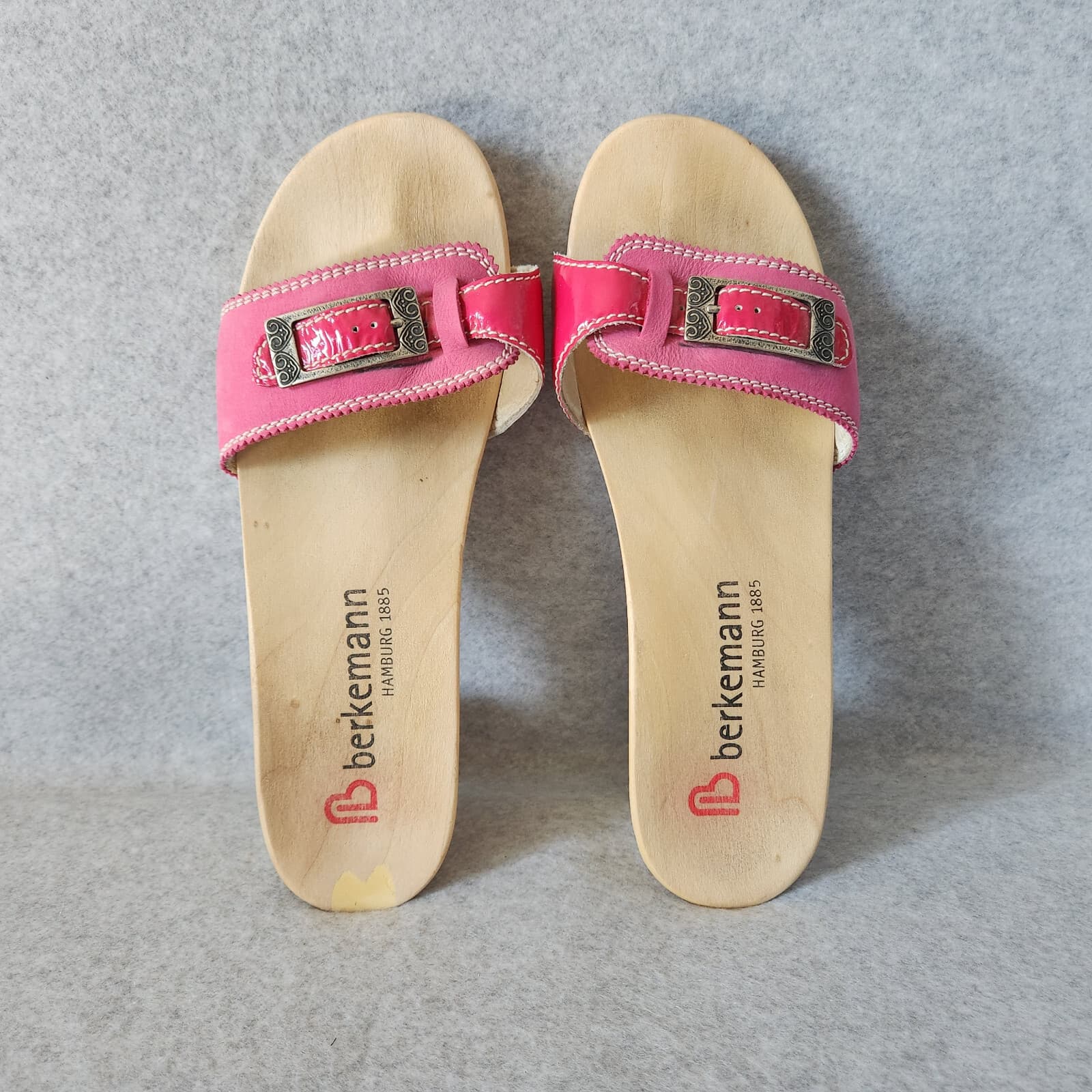 Berkemann Hamburg Germany Wooden Leather Sandals 2.5" Heel Buckle Pink UK6 US8 - Thumbnail 2