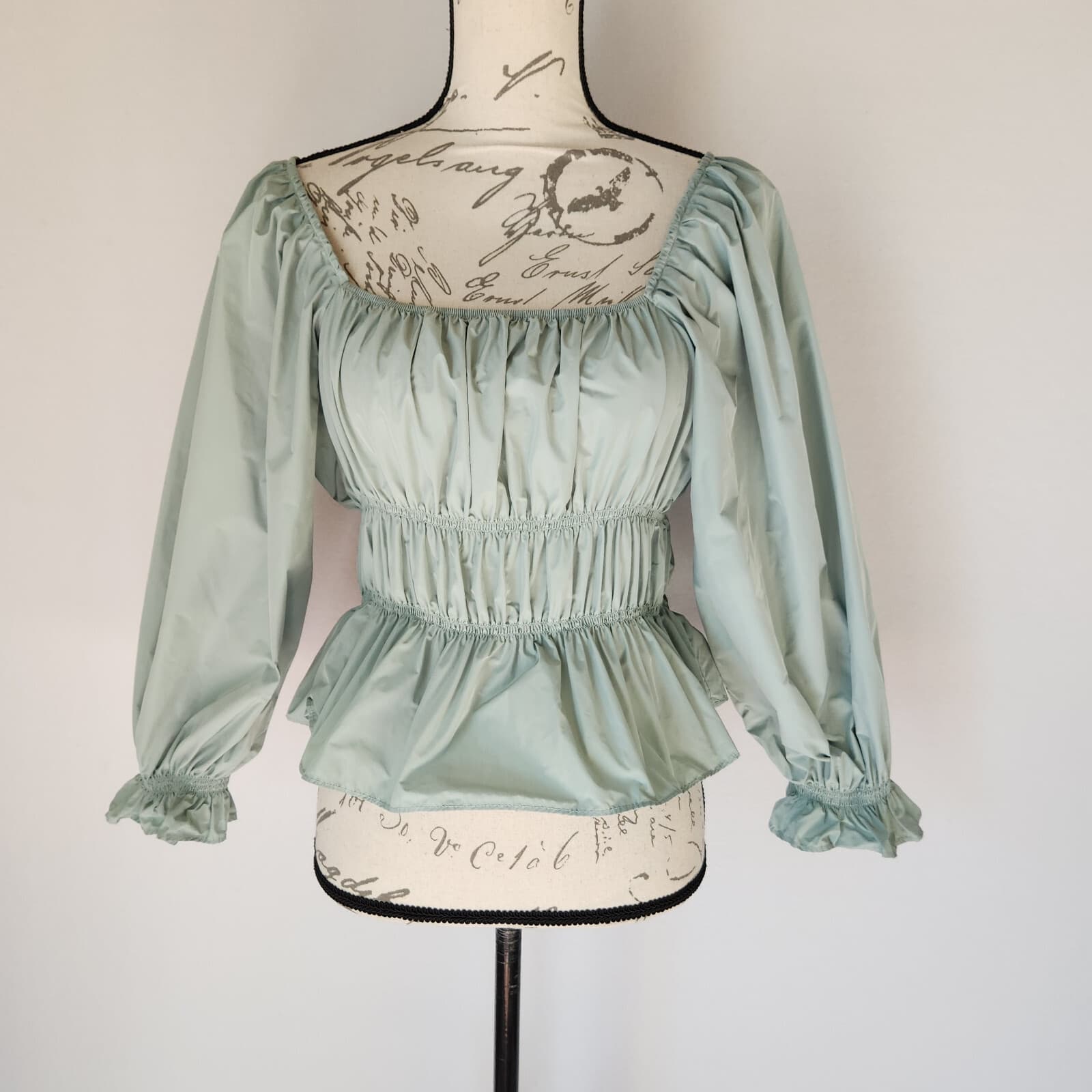 ZARA Strenchy Ruched Puff Sleeve Cropped Top Square Neck-Off Shoulder Green Sz.L - Thumbnail 2