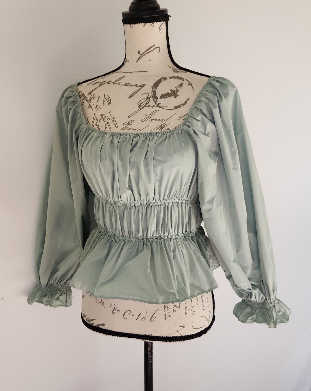 ZARA Strenchy Ruched Puff Sleeve Cropped Top Square Neck-Off Shoulder Green Sz.L - Thumbnail 4