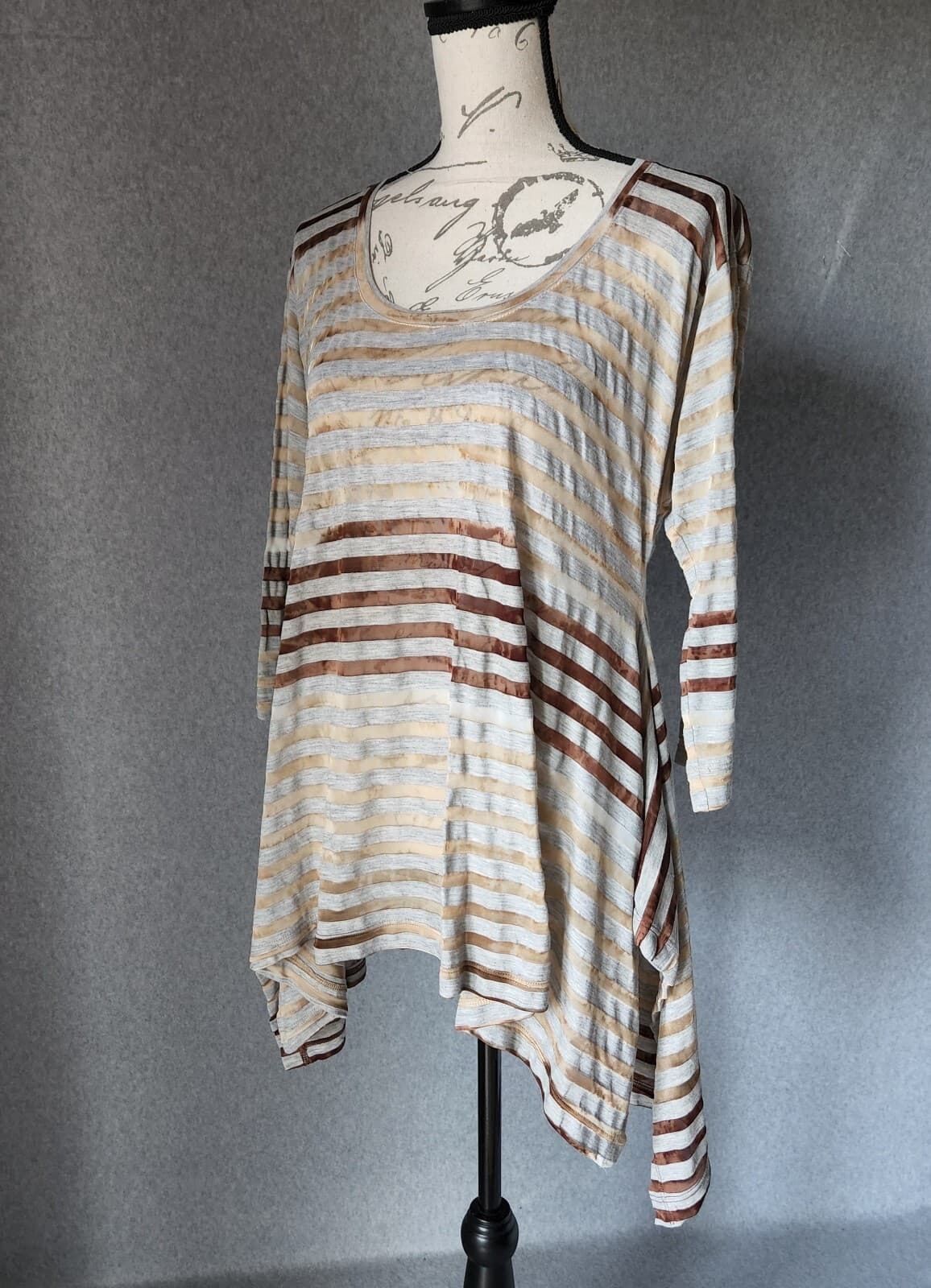 Sundance Hi-Low Stripe Tunic Top 3/4 Sleeve Mystic Sheer Tan Grey Women L - Thumbnail 3
