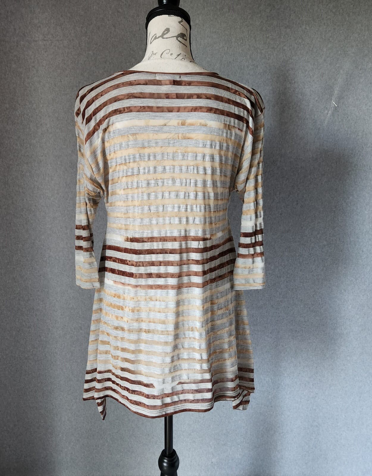 Sundance Hi-Low Stripe Tunic Top 3/4 Sleeve Mystic Sheer Tan Grey Women L - Thumbnail 4