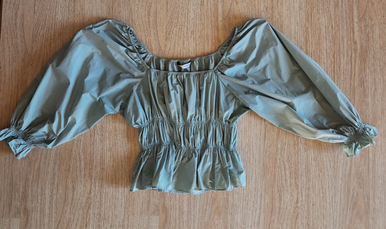ZARA Strenchy Ruched Puff Sleeve Cropped Top Square Neck-Off Shoulder Green Sz.L - Thumbnail 8