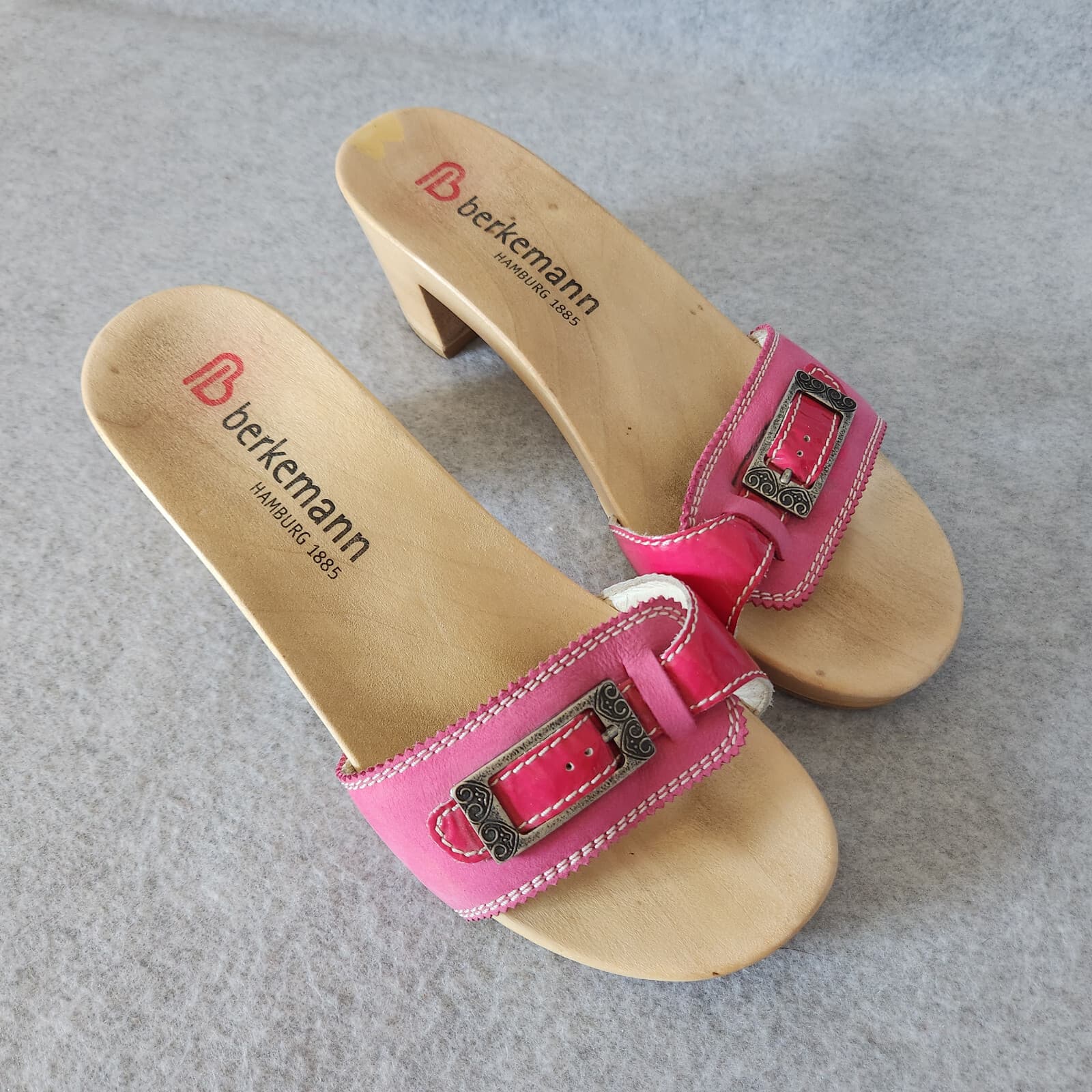 Berkemann Hamburg Germany Wooden Leather Sandals 2.5" Heel Buckle Pink UK6 US8 - Thumbnail 3