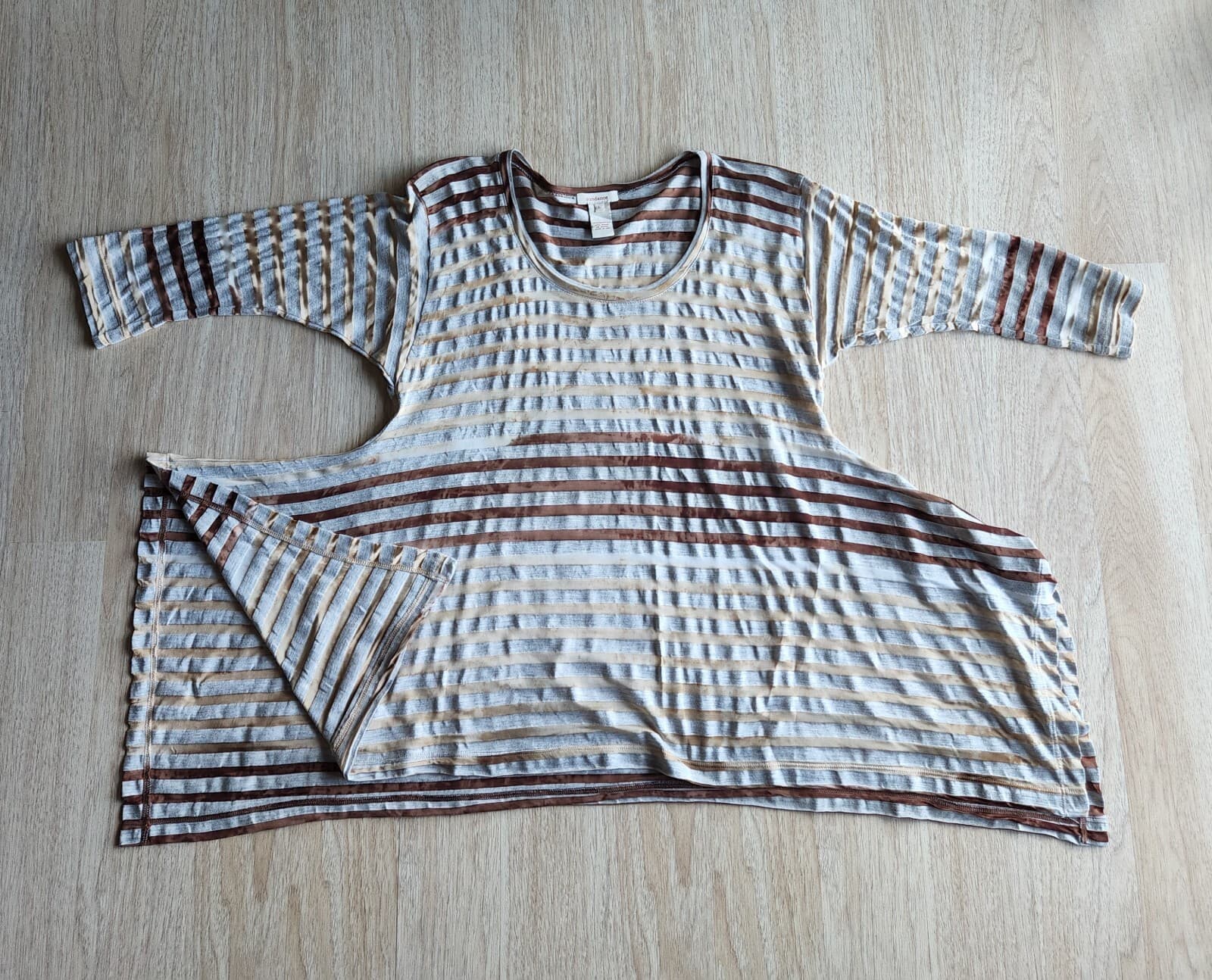 Sundance Hi-Low Stripe Tunic Top 3/4 Sleeve Mystic Sheer Tan Grey Women L - Thumbnail 5