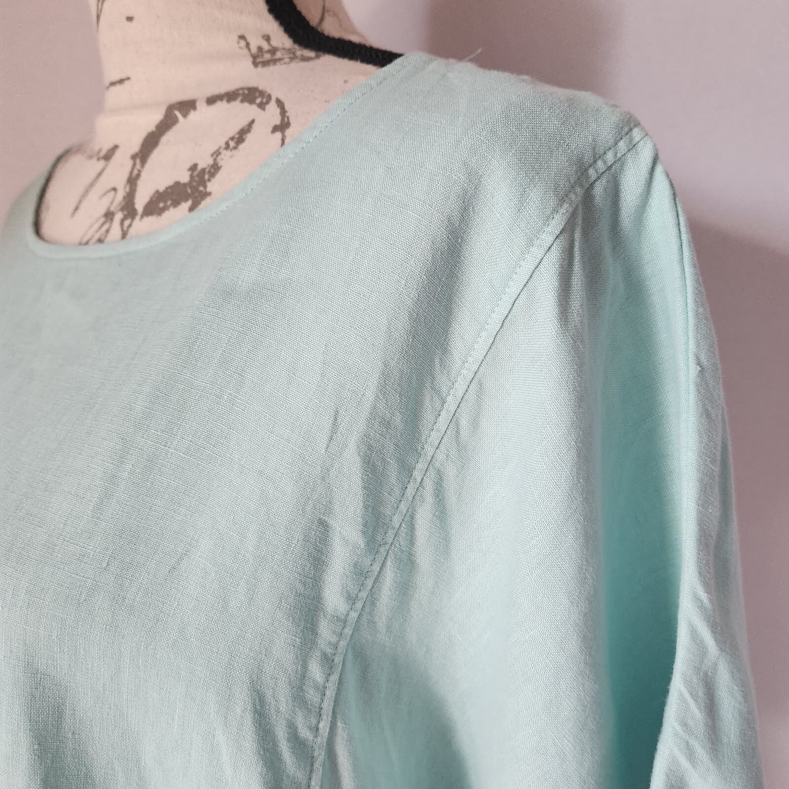 EILEEN FISHER 100% Linen Lagenlook Tunic Dress Short Sleeve Pocket Green Sz.M - Thumbnail 3
