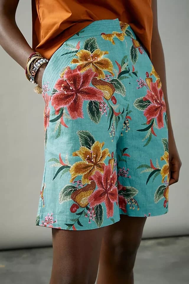 NWoT Farm Rio Anthropologie Melanie Floral Bermuda Shorts Linen Blend Blue XS - Thumbnail 4