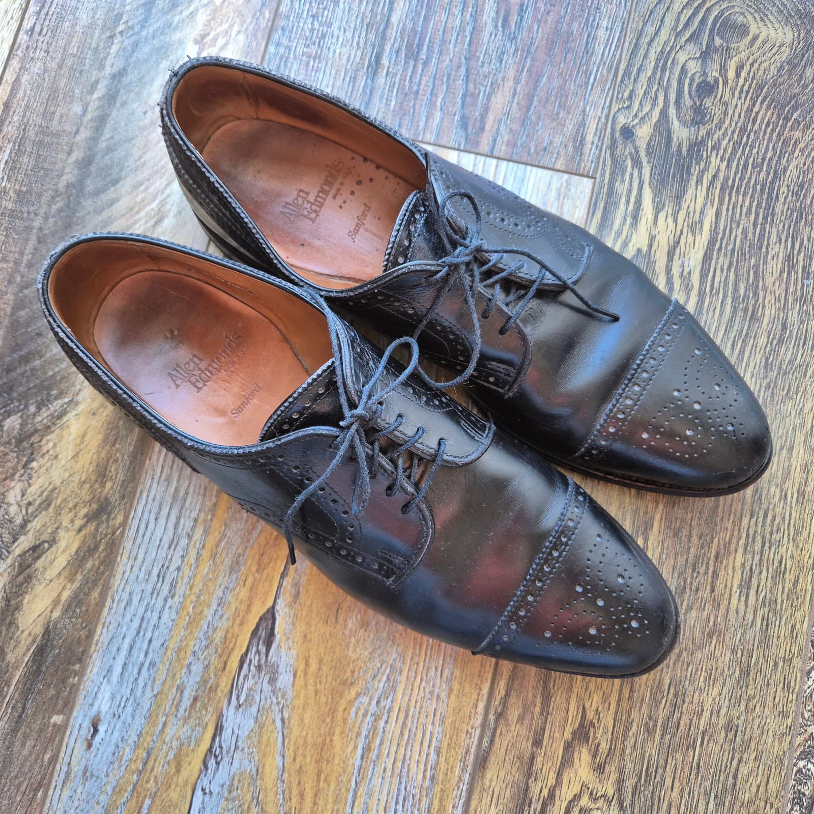 Allen Edmonds Sanford Men's US12 Black Leather Cap-Toe Derby Dress Shoes Lace-Up - Thumbnail 2