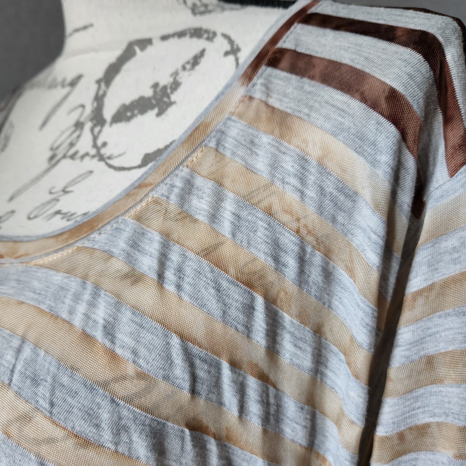 Sundance Hi-Low Stripe Tunic Top 3/4 Sleeve Mystic Sheer Tan Grey Women L - Thumbnail 2