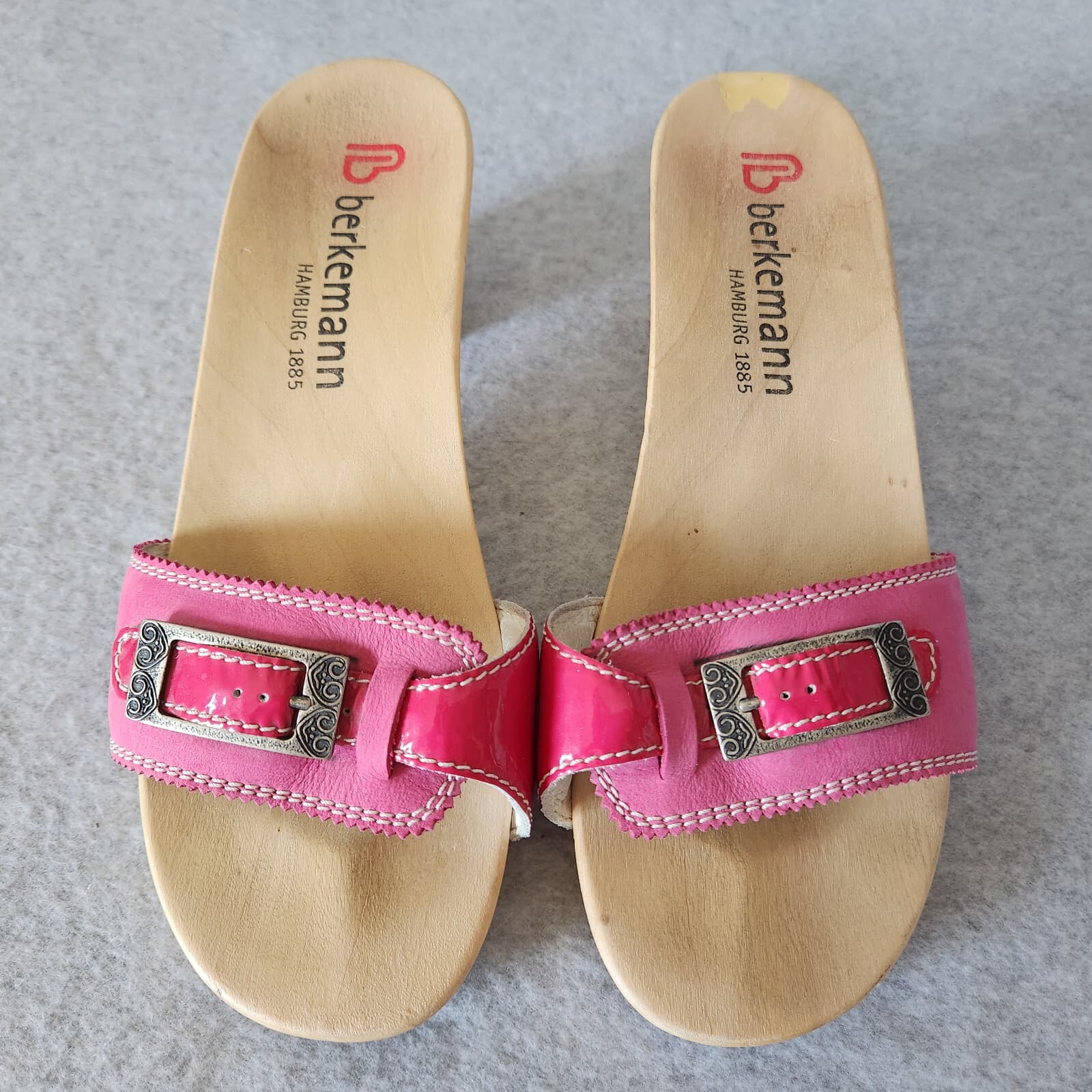 Berkemann Hamburg Germany Wooden Leather Sandals 2.5" Heel Buckle Pink UK6 US8 - Thumbnail 4