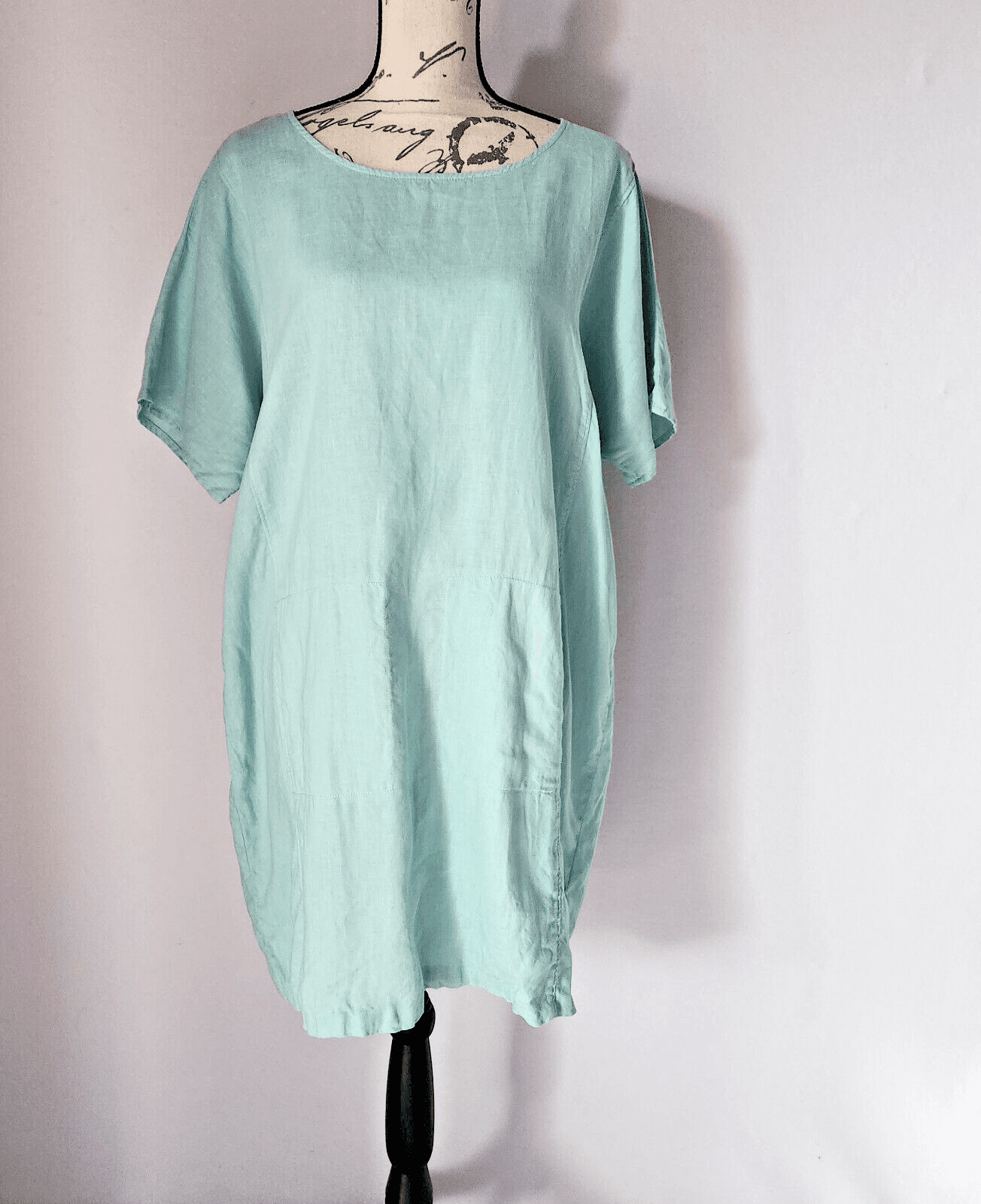 EILEEN FISHER 100% Linen Lagenlook Tunic Dress Short Sleeve Pocket Green Sz.M - Thumbnail 2