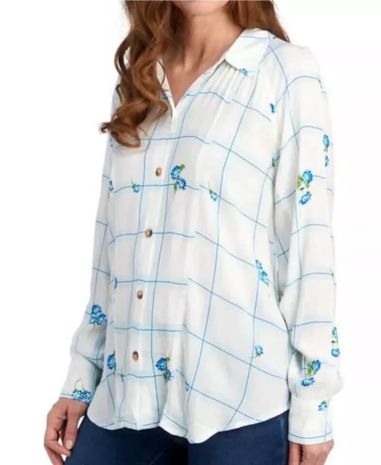 Free People Window to My Heart Floral Check Button-Up Shirt Long Sleeve White M - Thumbnail 5