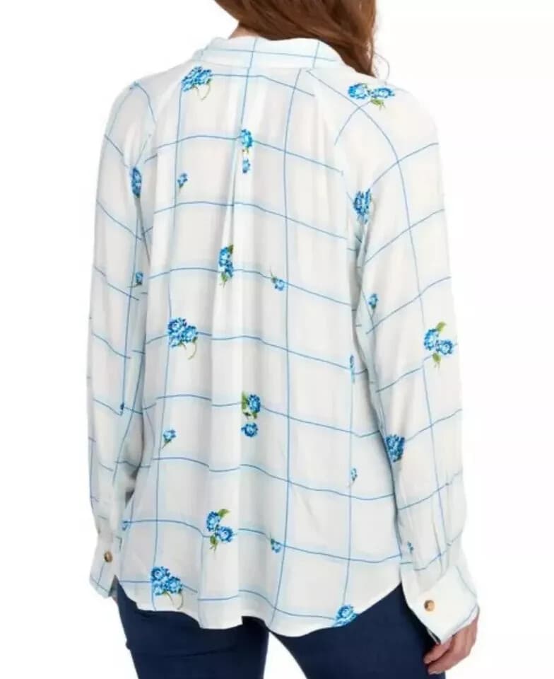 Free People Window to My Heart Floral Check Button-Up Shirt Long Sleeve White M - Thumbnail 8
