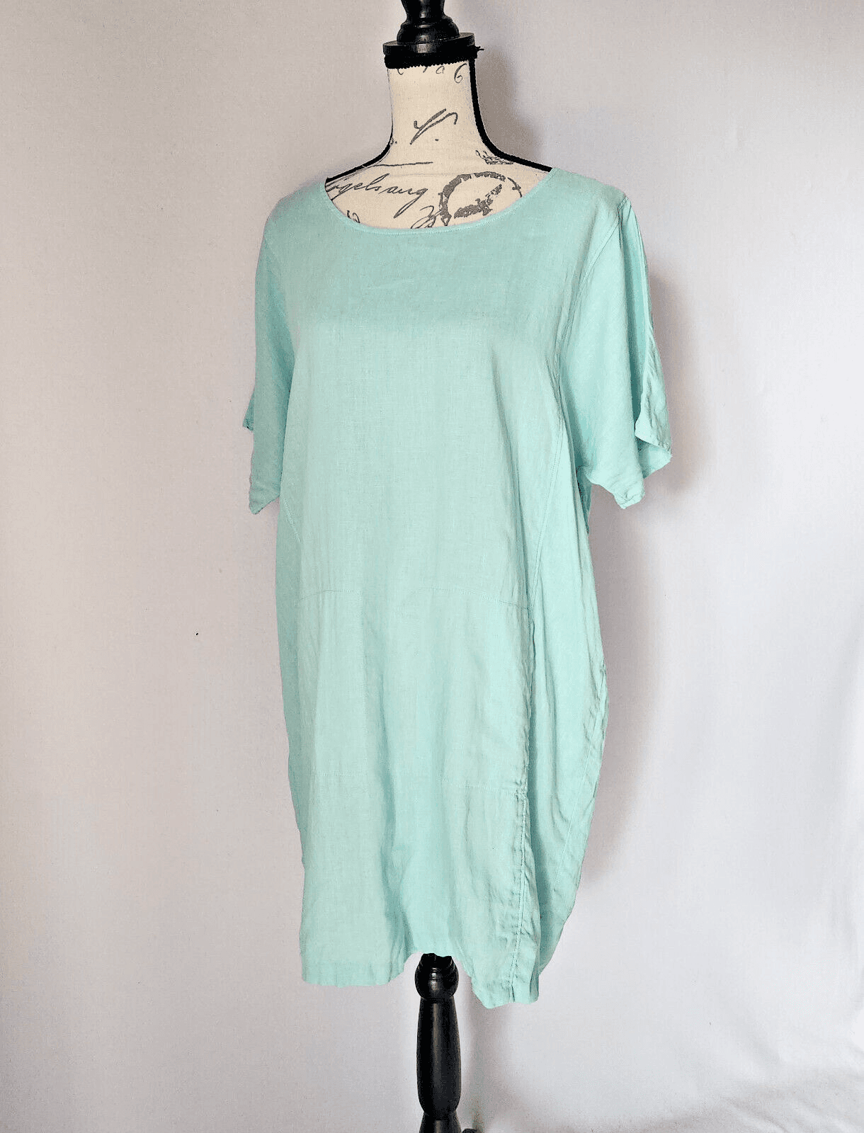 EILEEN FISHER 100% Linen Lagenlook Tunic Dress Short Sleeve Pocket Green Sz.M