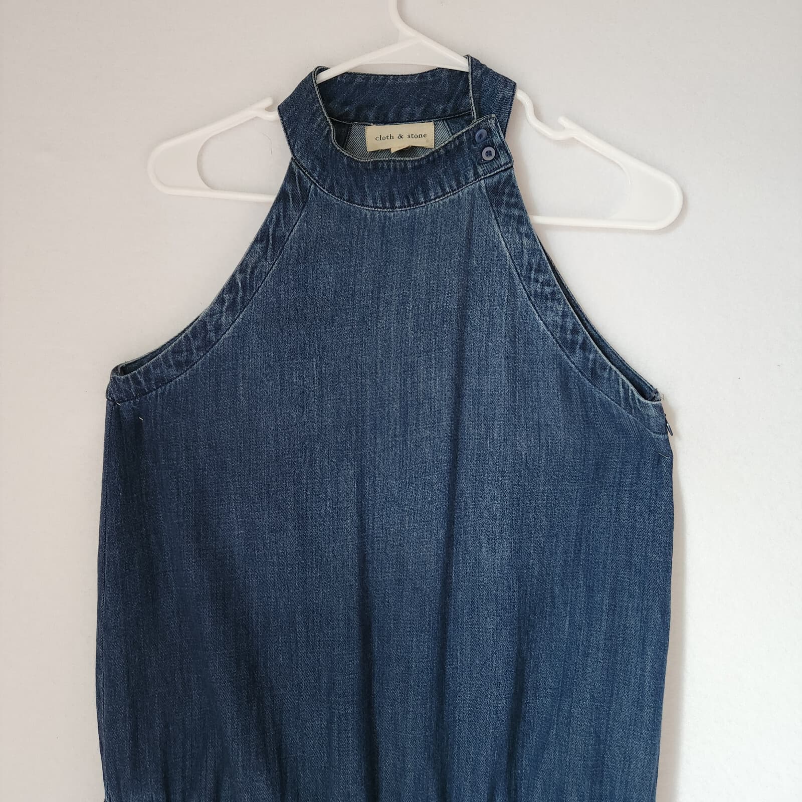 Cloth & Stone Bella Dahl Denim Wide Leg Jumpsuit Pocket Raw Hem Halter Neck Sz.M - Thumbnail 6