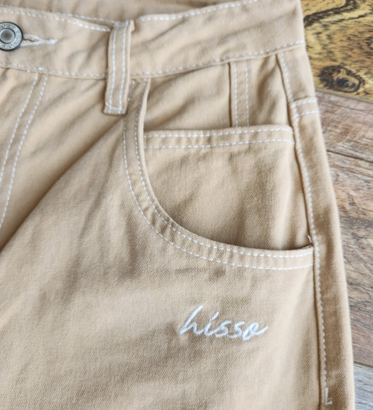 HISSO Wide Leg High Rise Hong Kong Street Pants Zip Pocket Cotton Brown Unisex M - Thumbnail 5