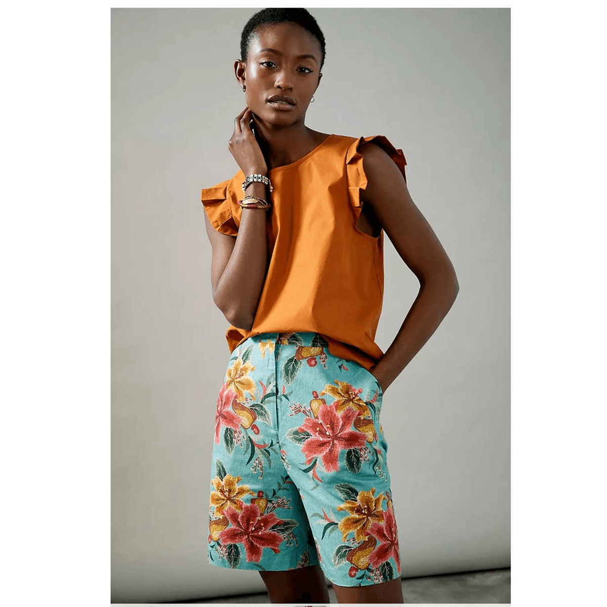 NWoT Farm Rio Anthropologie Melanie Floral Bermuda Shorts Linen Blend Blue XS - Thumbnail 2