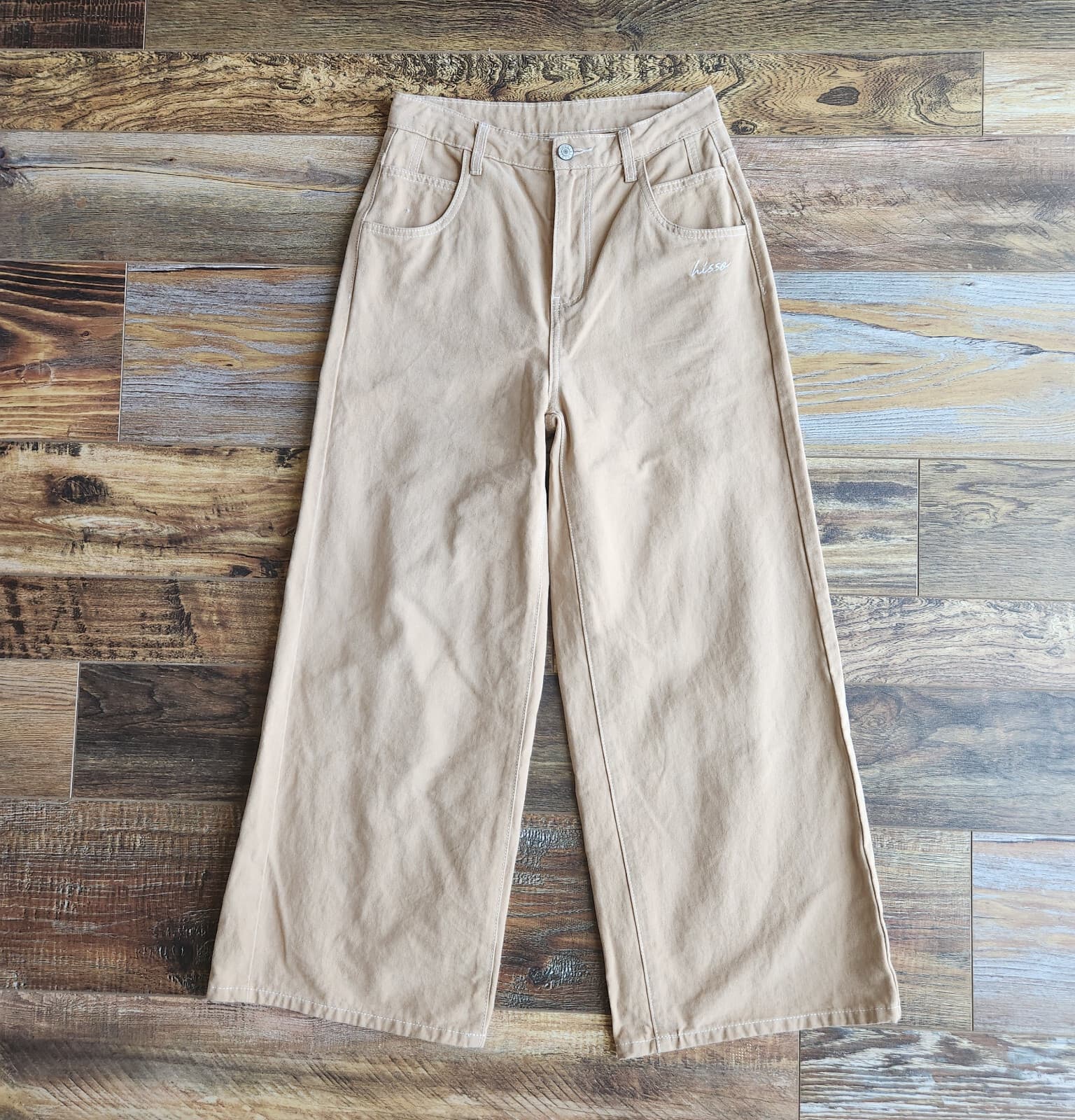 HISSO Wide Leg High Rise Hong Kong Street Pants Zip Pocket Cotton Brown Unisex M - Thumbnail 2