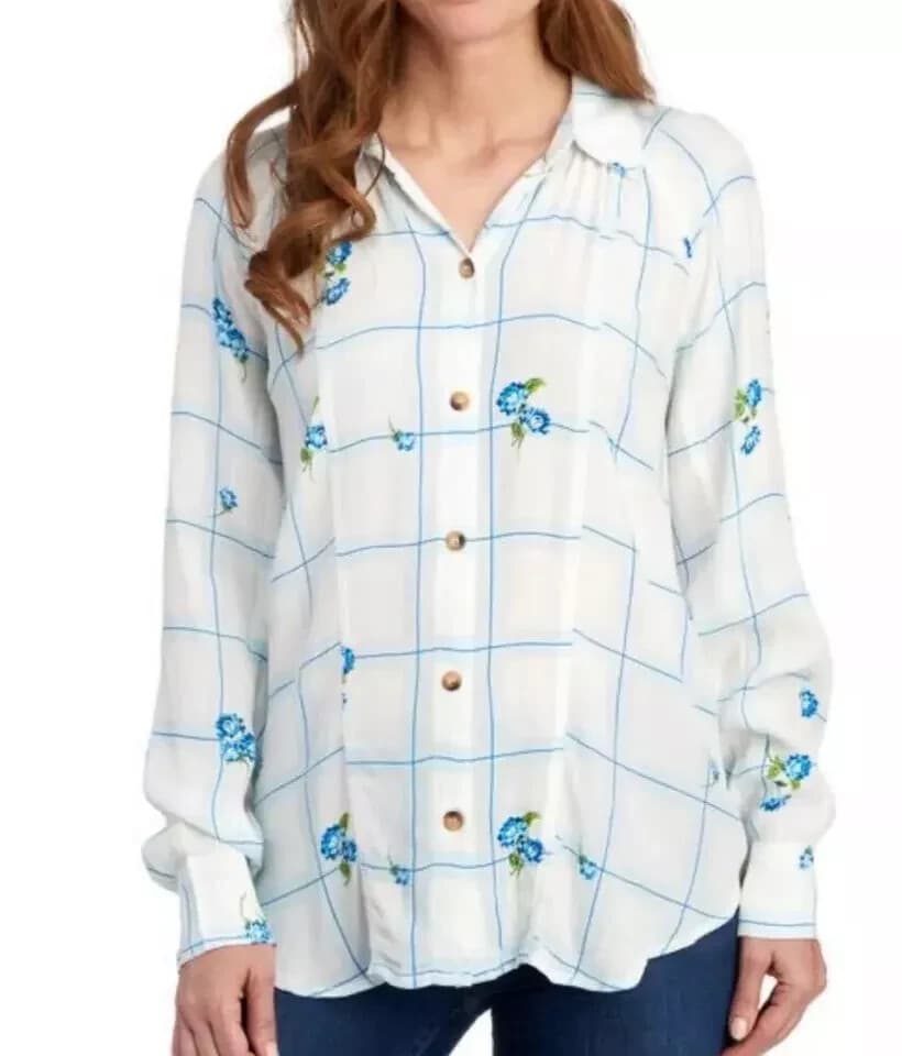 Free People Window to My Heart Floral Check Button-Up Shirt Long Sleeve White M - Thumbnail 2