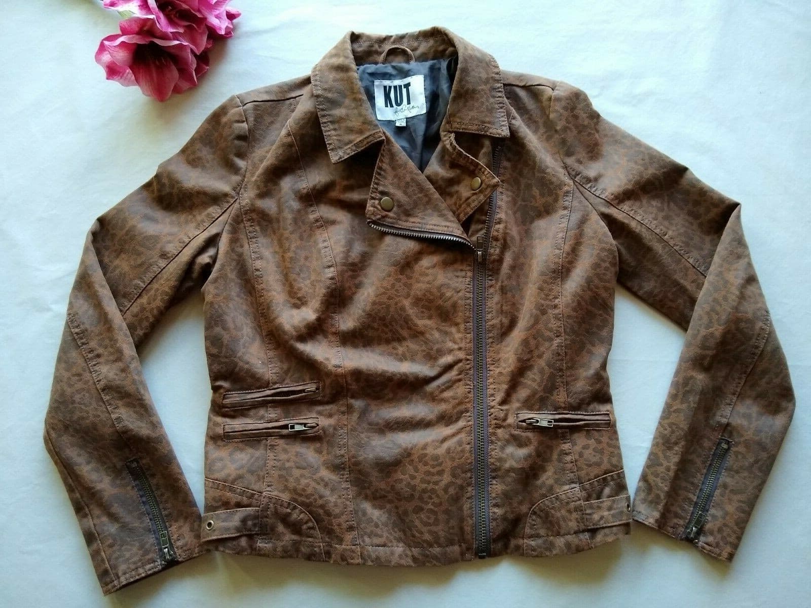 KUT from the Kloth Faux Suede Jacket Leopard Print Zip Pockets Sz.M - Thumbnail 8
