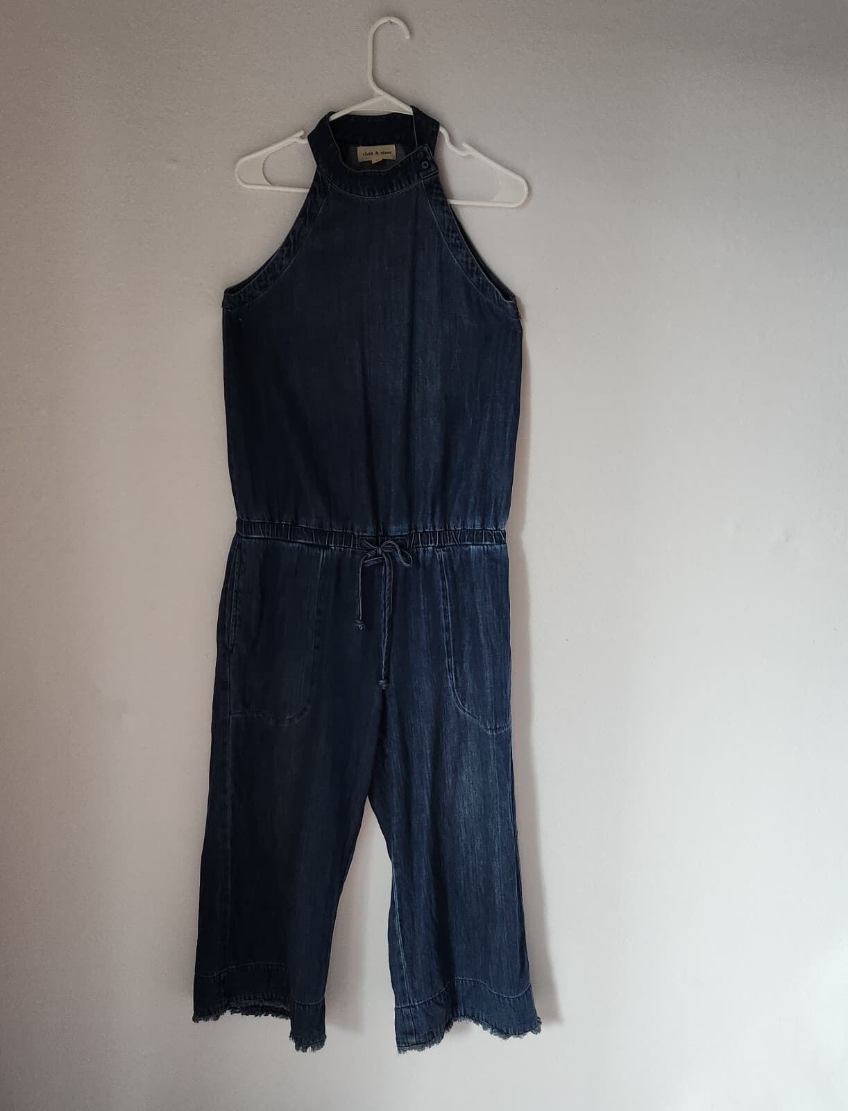 Cloth & Stone Bella Dahl Denim Wide Leg Jumpsuit Pocket Raw Hem Halter Neck Sz.M - Thumbnail 5