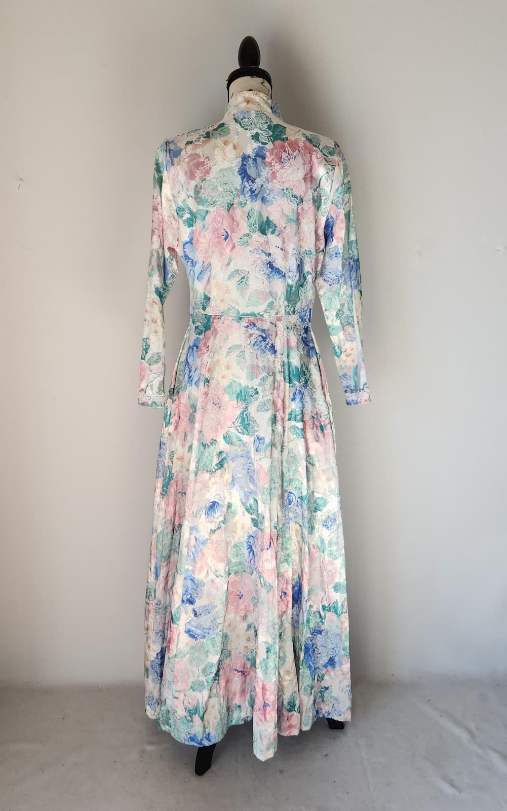 Vintage David Brown I.Magnin Floral Maxi Dress Lace-Trim Zip-Up Multicolor Sz.S - Thumbnail 8