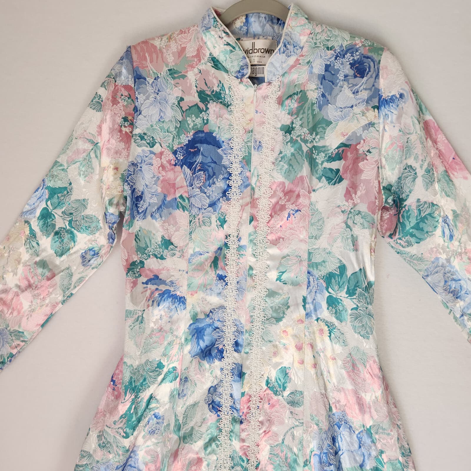 Vintage David Brown I.Magnin Floral Maxi Dress Lace-Trim Zip-Up Multicolor Sz.S - Thumbnail 4