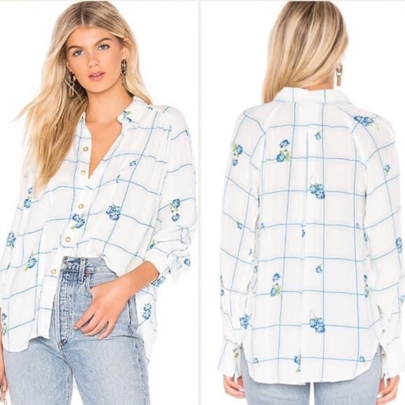 Free People Window to My Heart Floral Check Button-Up Shirt Long Sleeve White M - Thumbnail 4