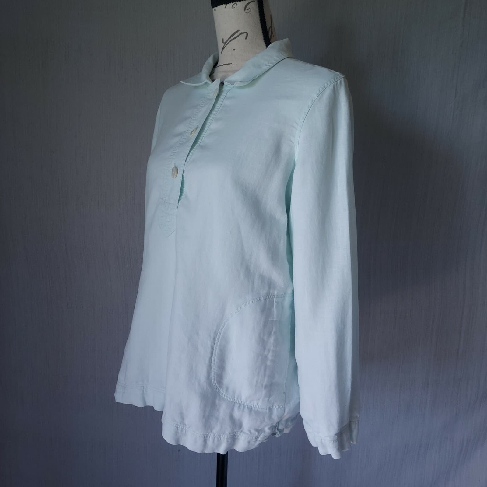 J.Jill 100% Linen Knit Lined Top Pullover Long Sleeve 1/4 Button Mint Green XS - Thumbnail 4