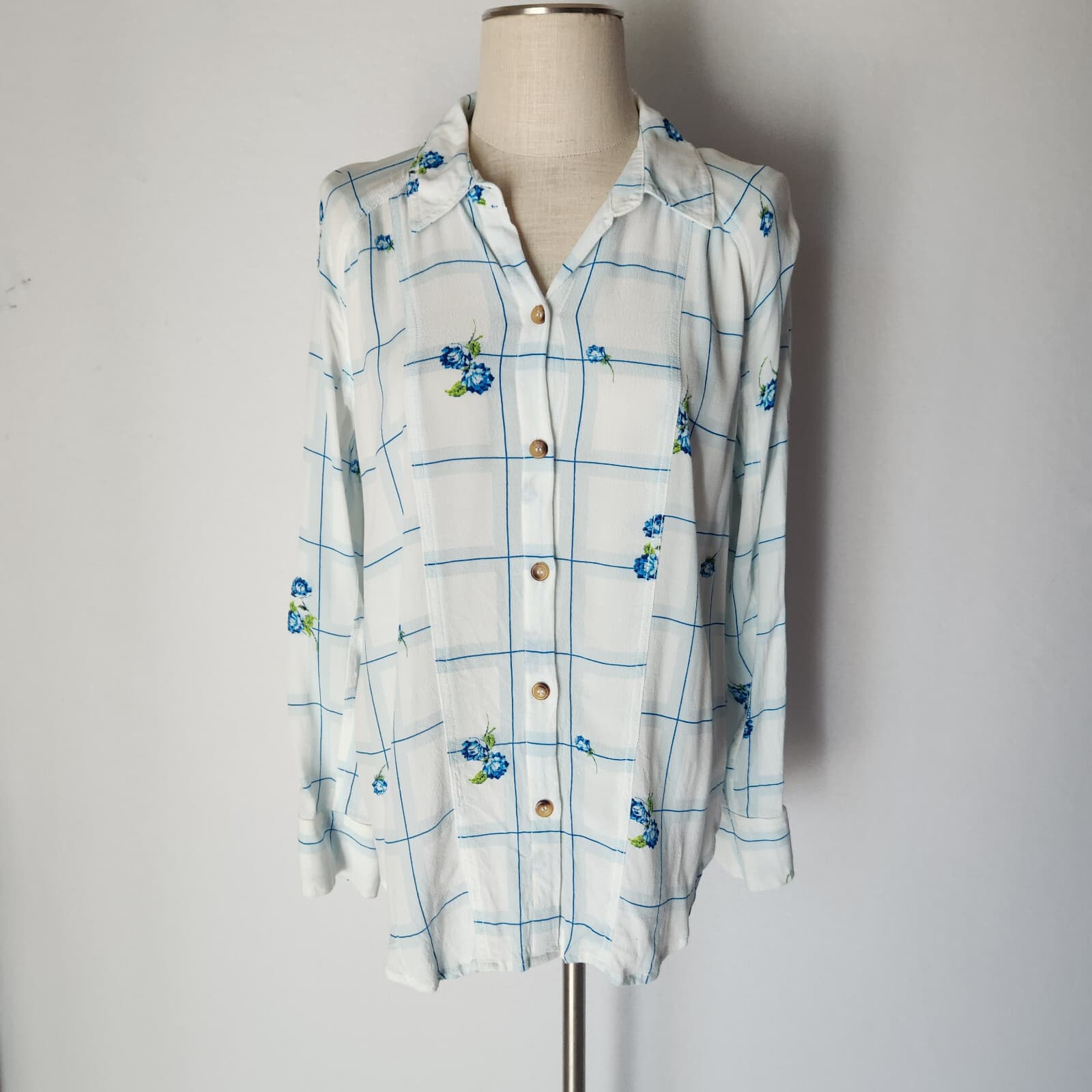 Free People Window to My Heart Floral Check Button-Up Shirt Long Sleeve White M - Thumbnail 3