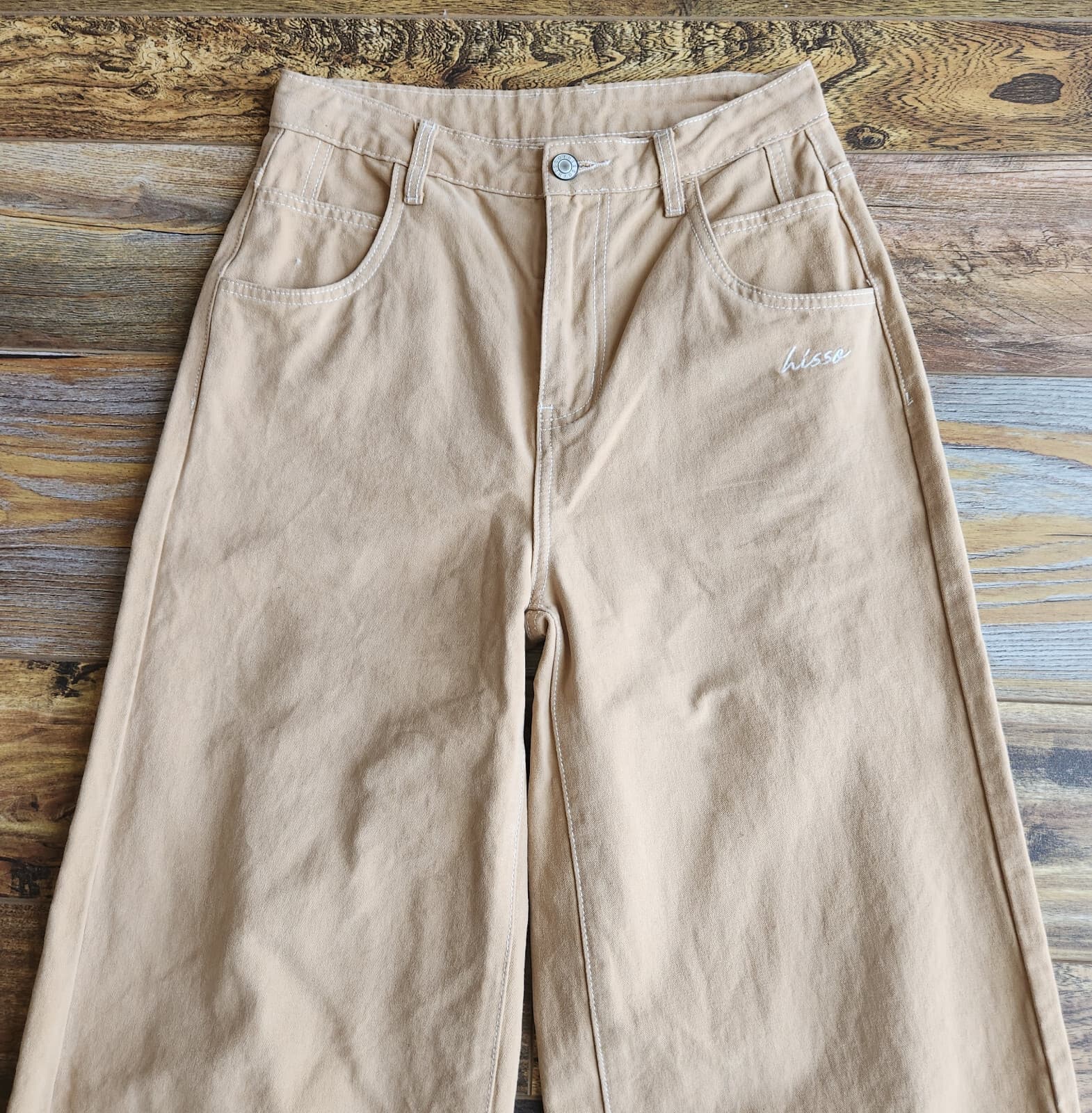 HISSO Wide Leg High Rise Hong Kong Street Pants Zip Pocket Cotton Brown Unisex M - Thumbnail 3