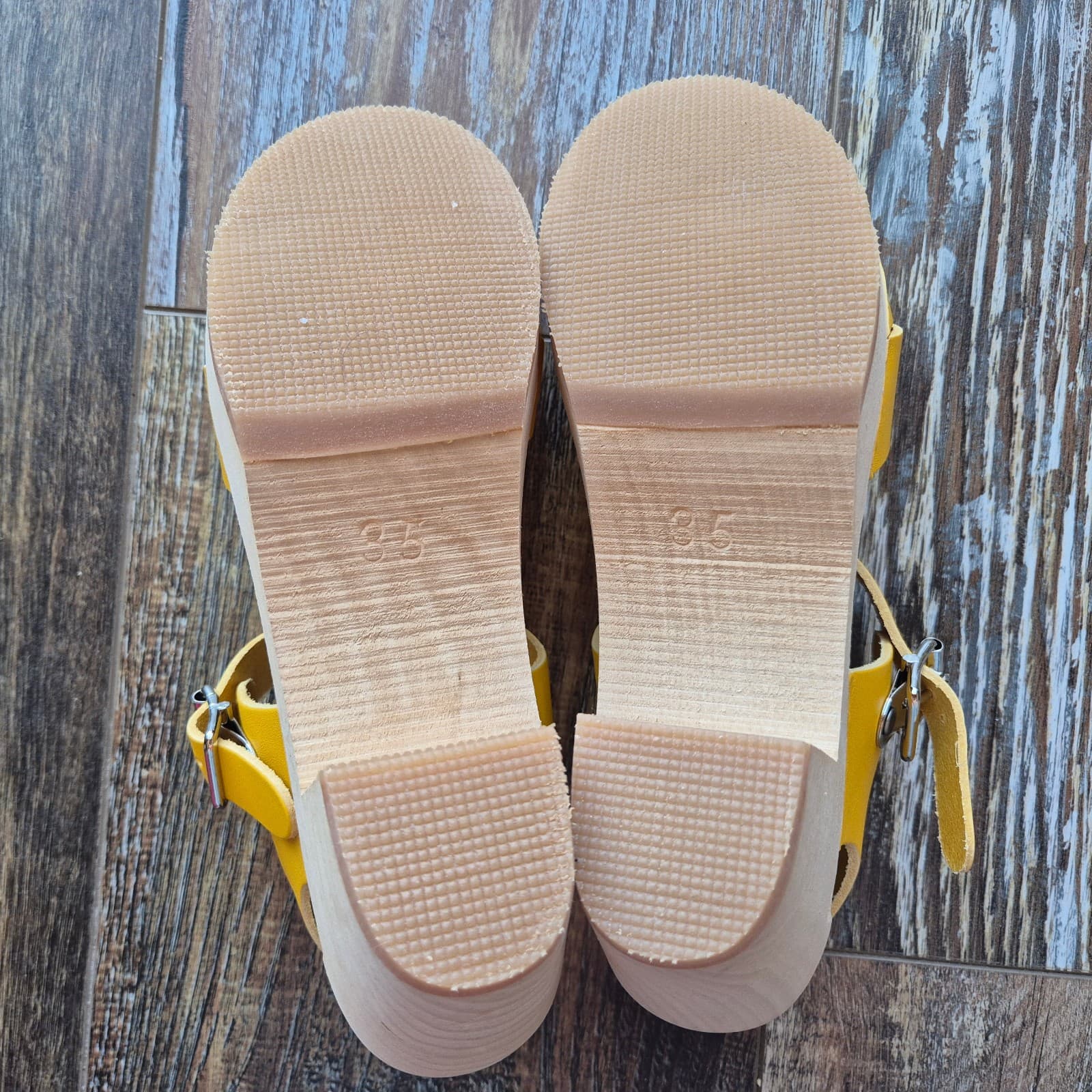 NIB Swedish Hasbeens $370 Peep Toe High Sandals Yellow Leather Wood-Heel Sz.EU35 - Thumbnail 13