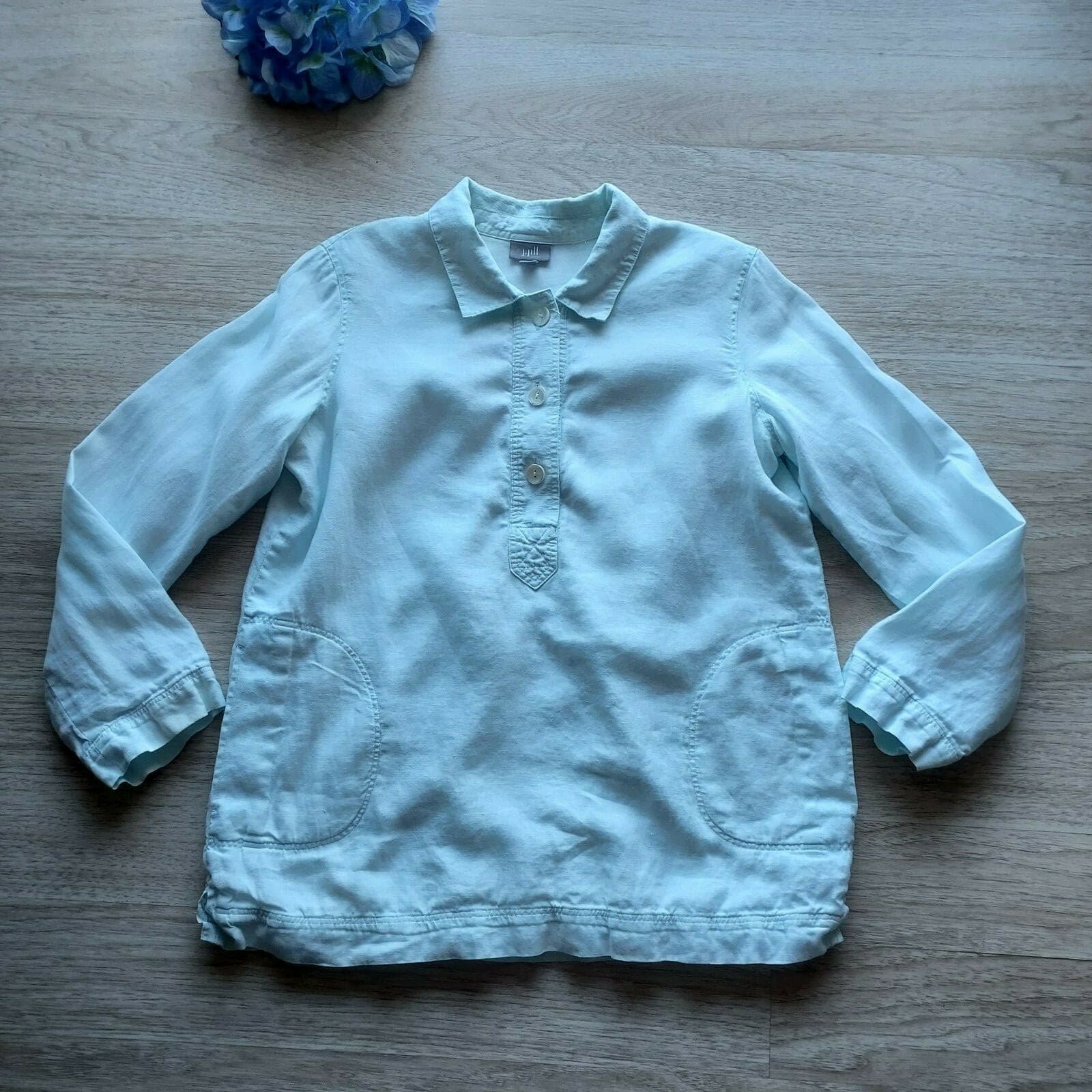 J.Jill 100% Linen Knit Lined Top Pullover Long Sleeve 1/4 Button Mint Green XS - Thumbnail 2