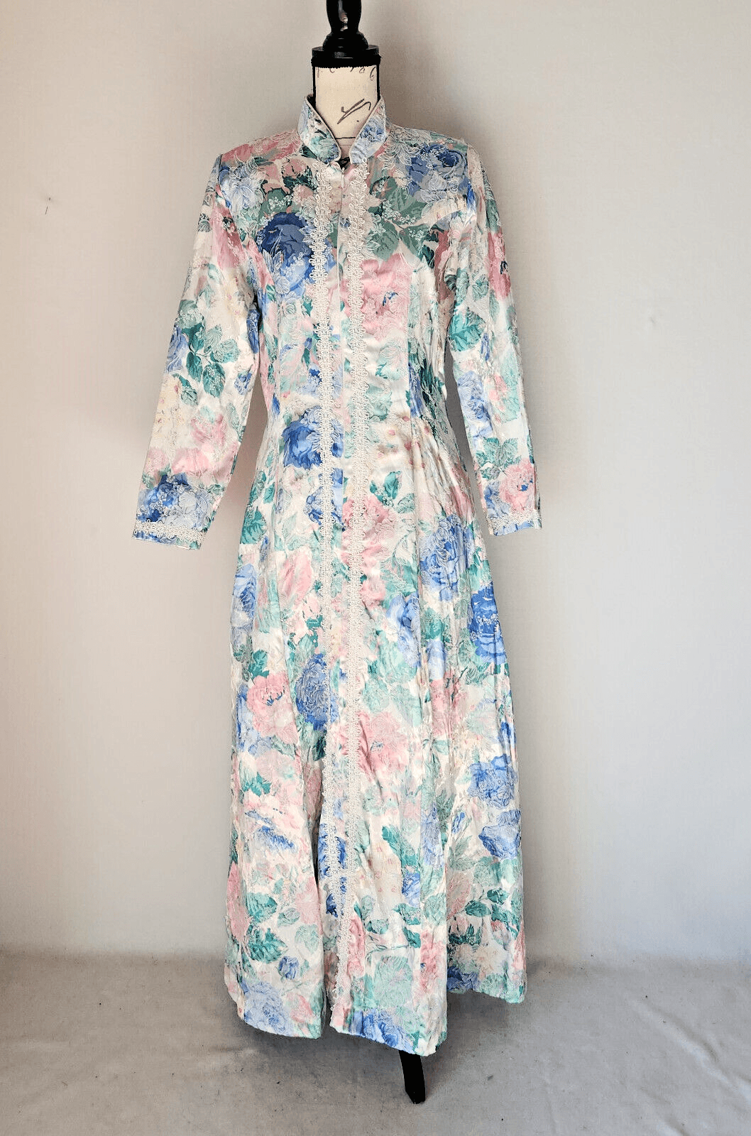 Vintage David Brown I.Magnin Floral Maxi Dress Lace-Trim Zip-Up Multicolor Sz.S - Thumbnail 2