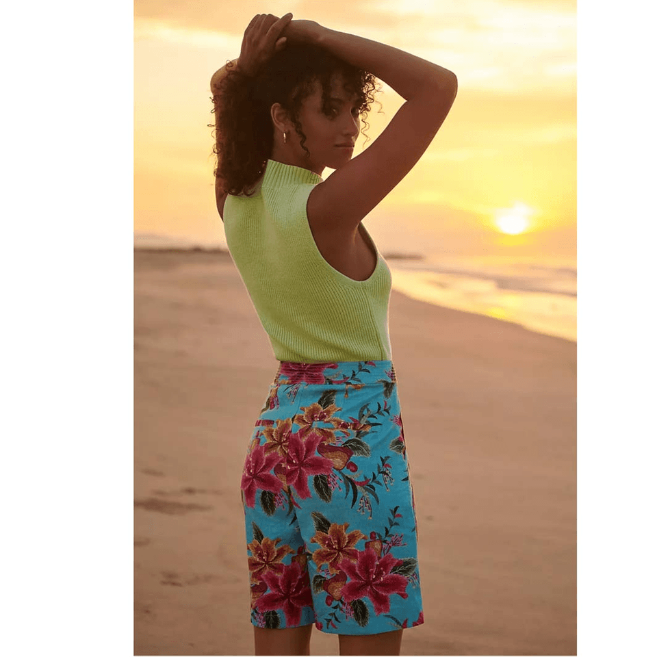 NWoT Farm Rio Anthropologie Melanie Floral Bermuda Shorts Linen Blend Blue XS - Thumbnail 11