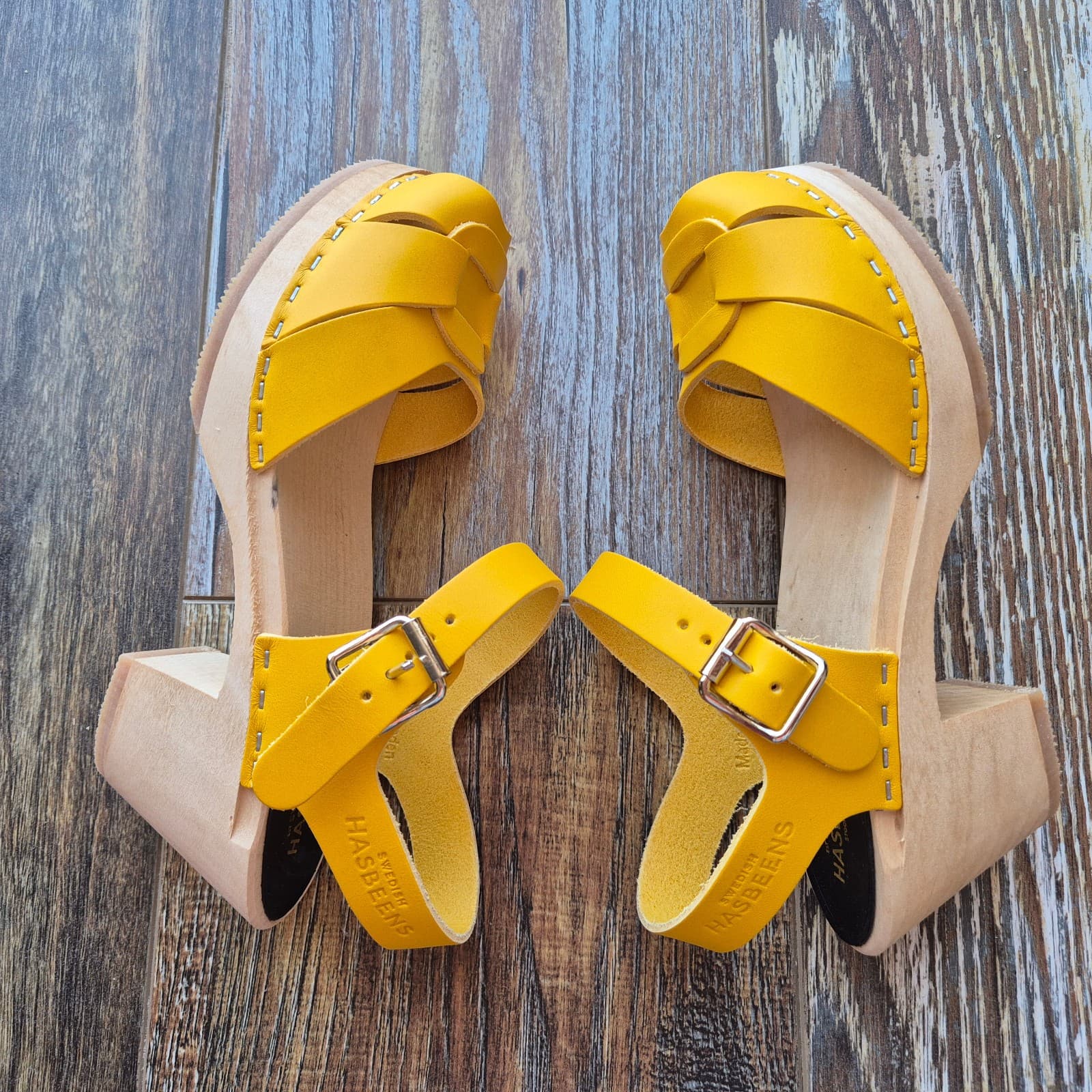 NIB Swedish Hasbeens $370 Peep Toe High Sandals Yellow Leather Wood-Heel Sz.EU35 - Thumbnail 7